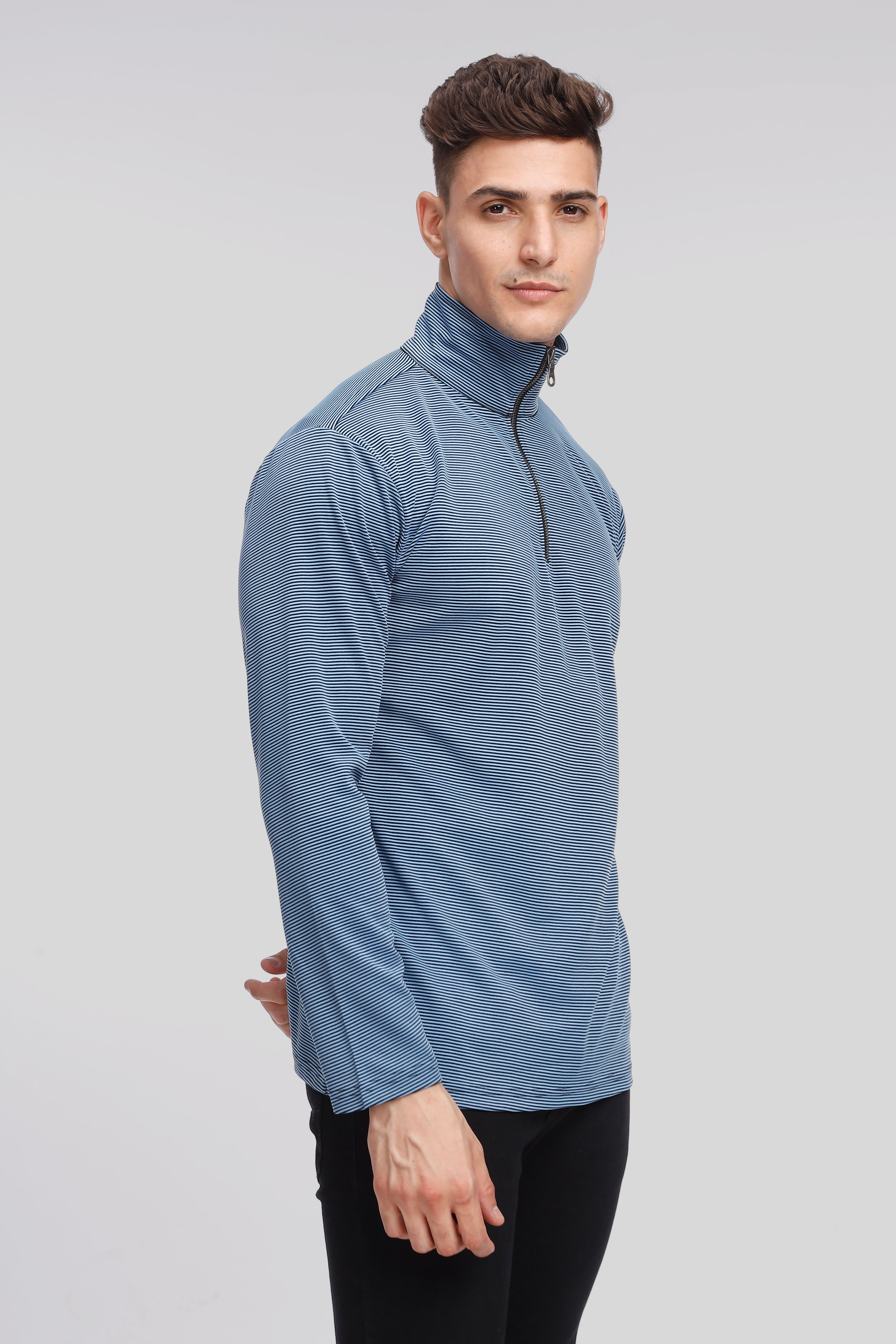 Blue Stripes Self Design Zipper T-Shirt