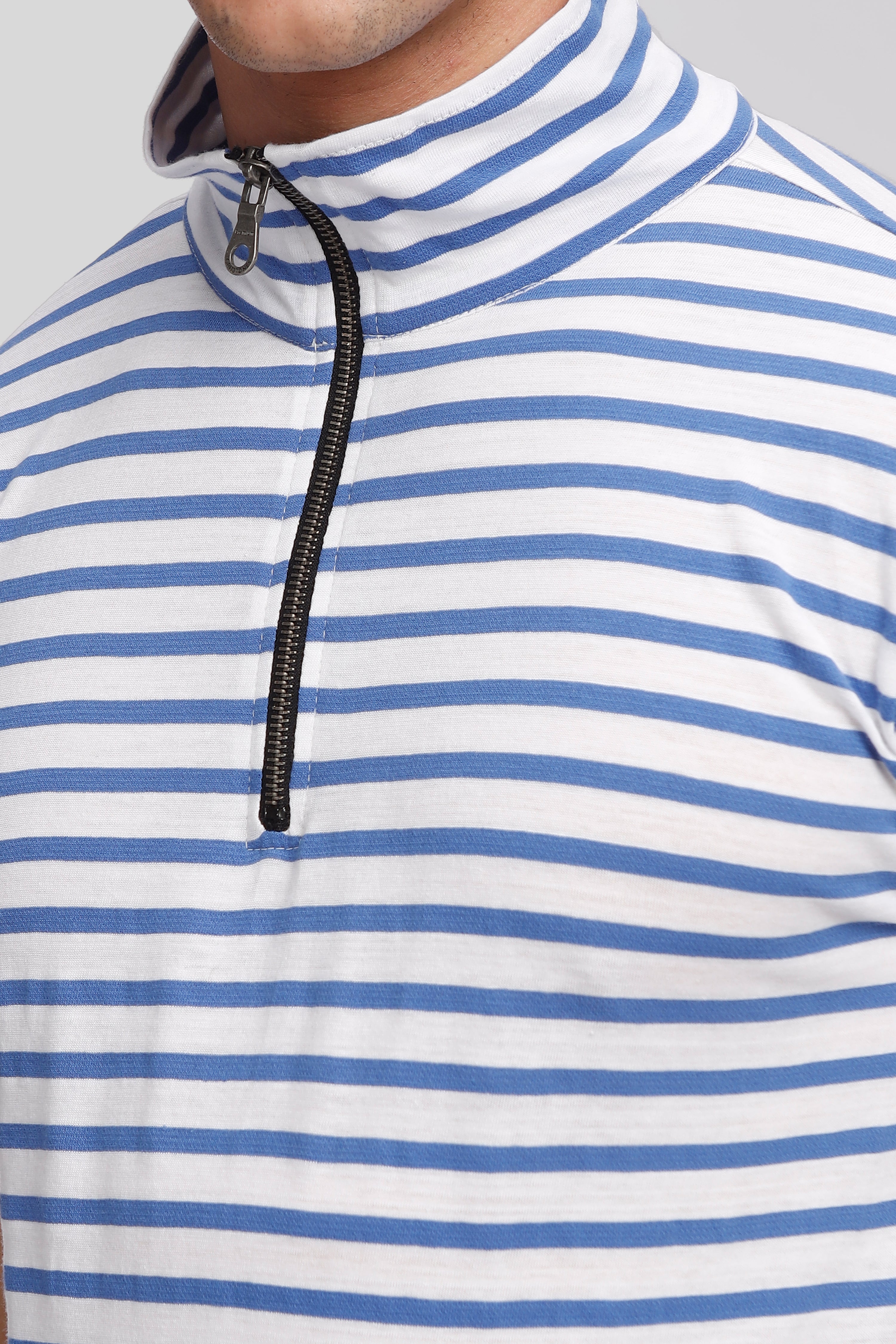 Blue Striper Self Design Zipper T-Shirt
