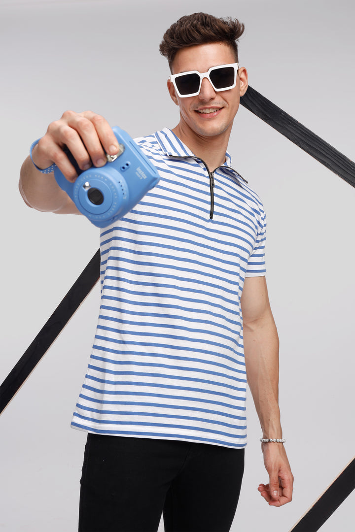 Blue Striper Self Design Zipper T-Shirt