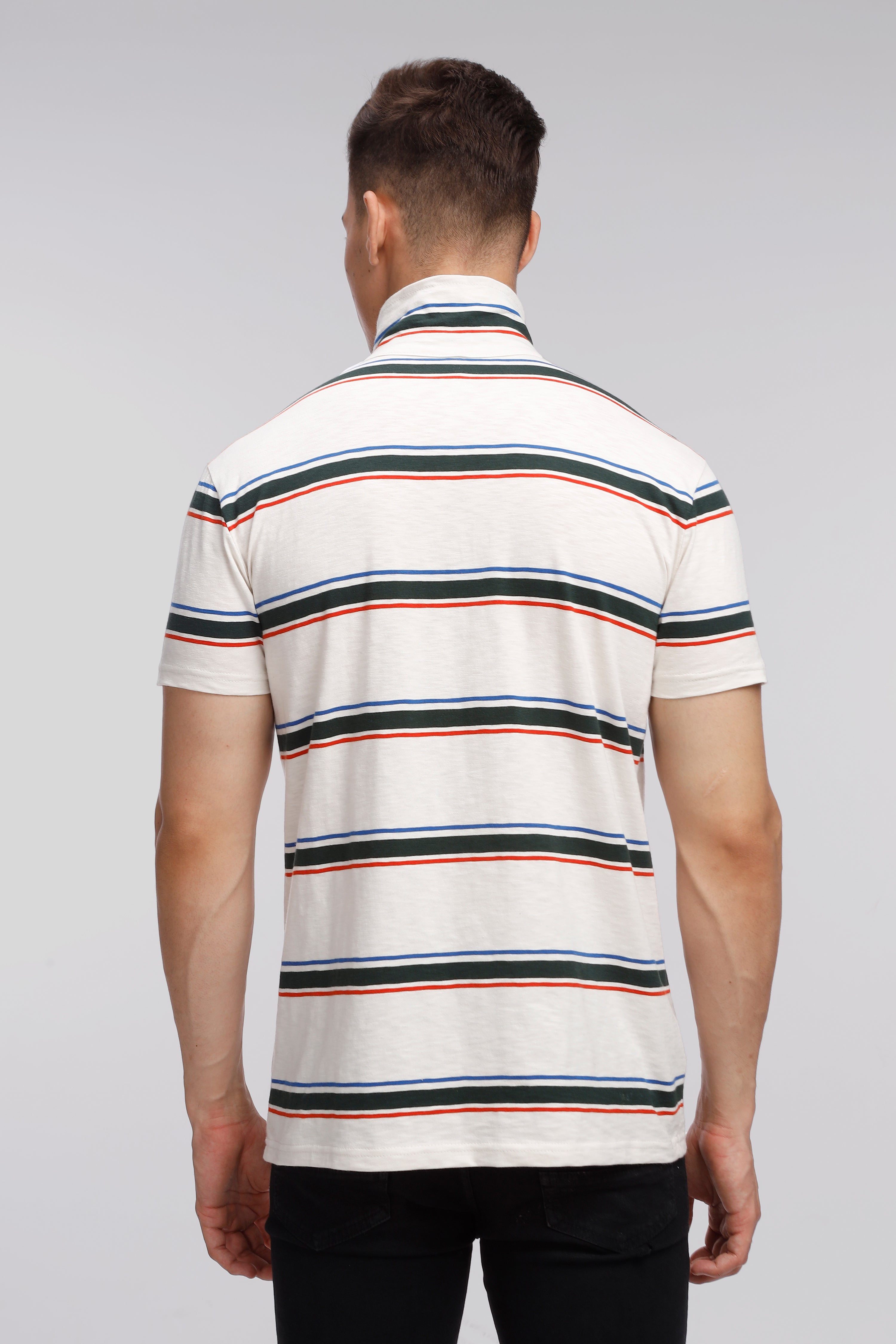 White Striper Self Design Zipper T-Shirt