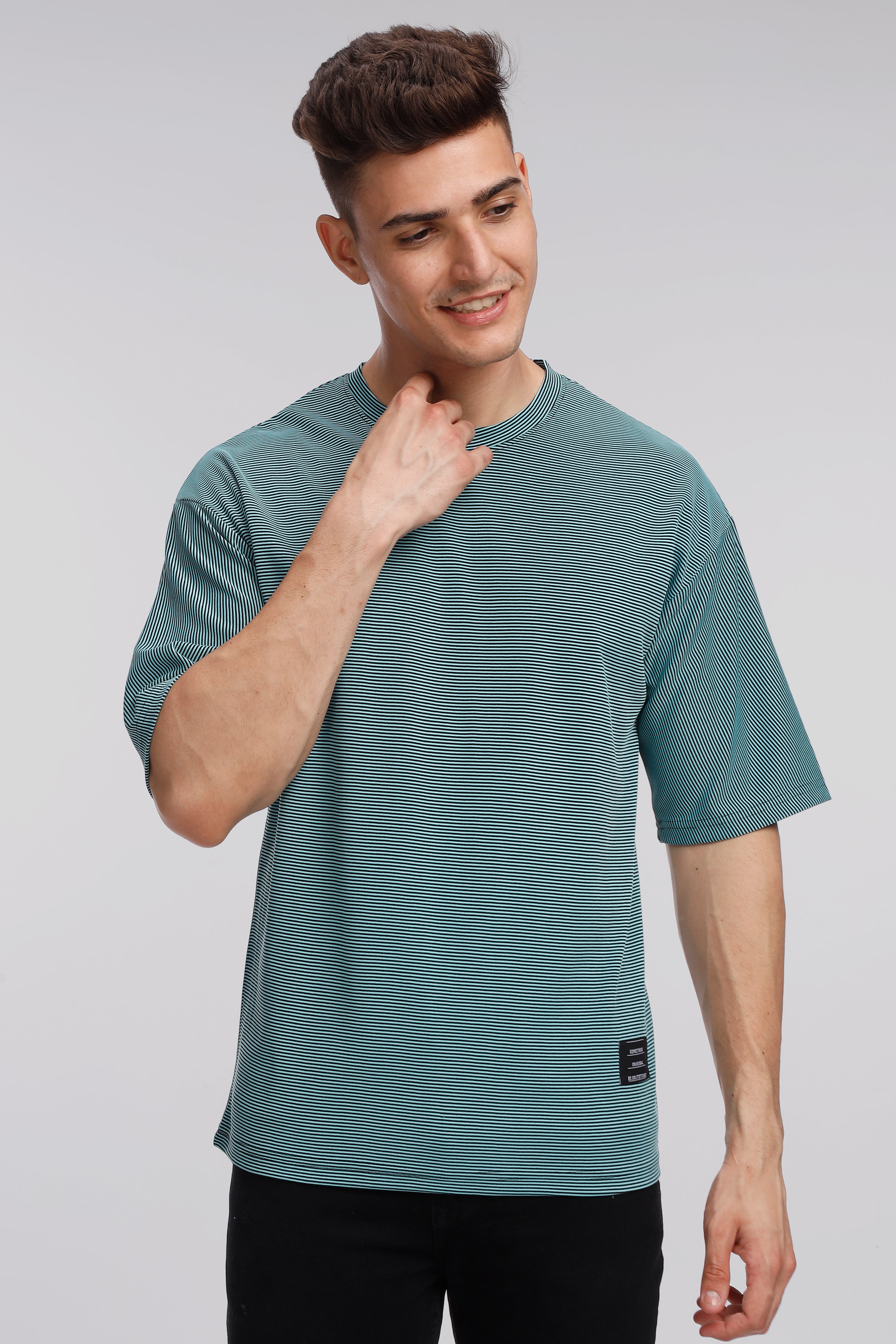 Turquoise Blue Oversized Self Design T-Shirt