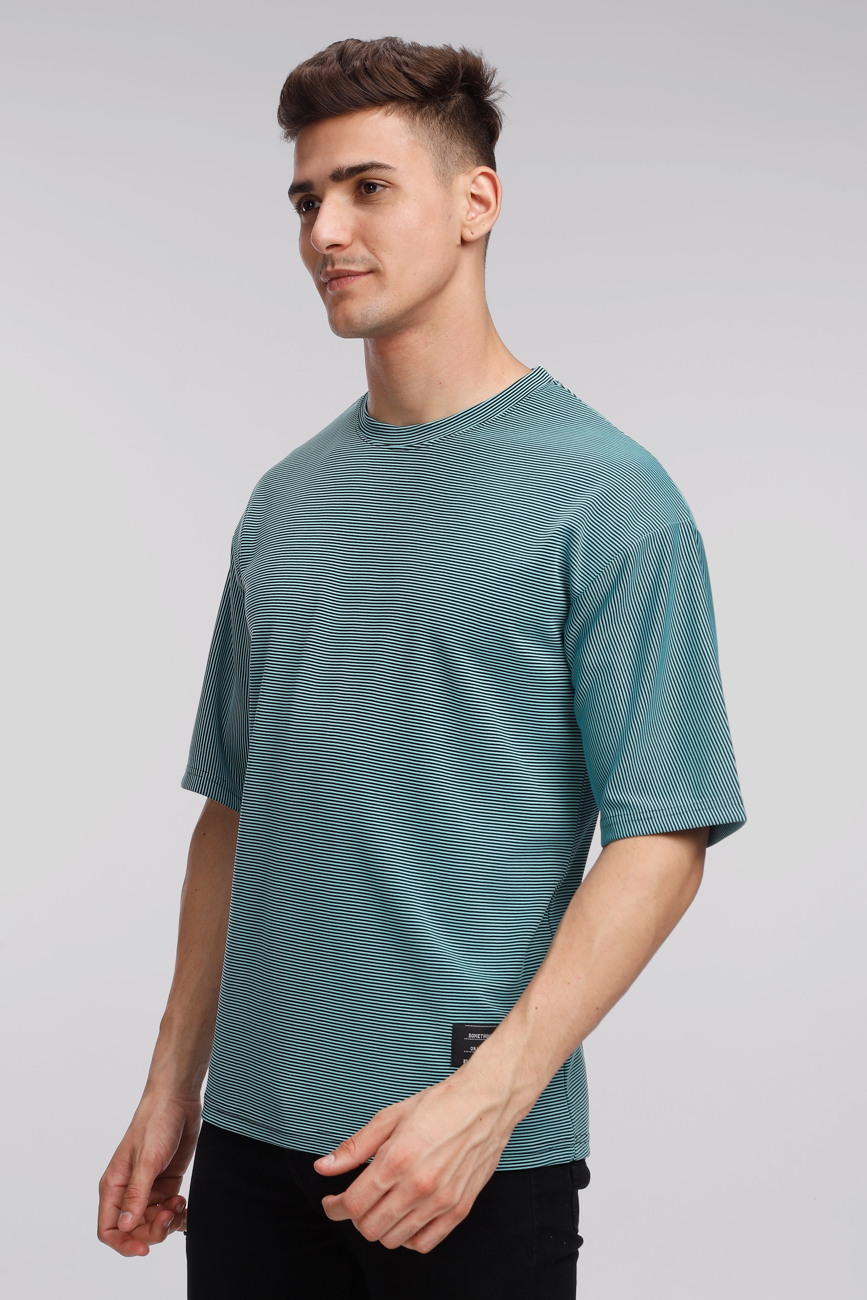 Turquoise Blue Oversized Self Design T-Shirt