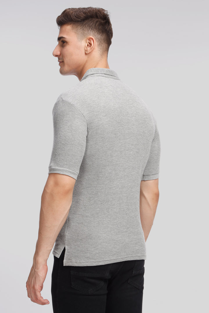 Grey Melange Waffle Knit Polo T-Shirt