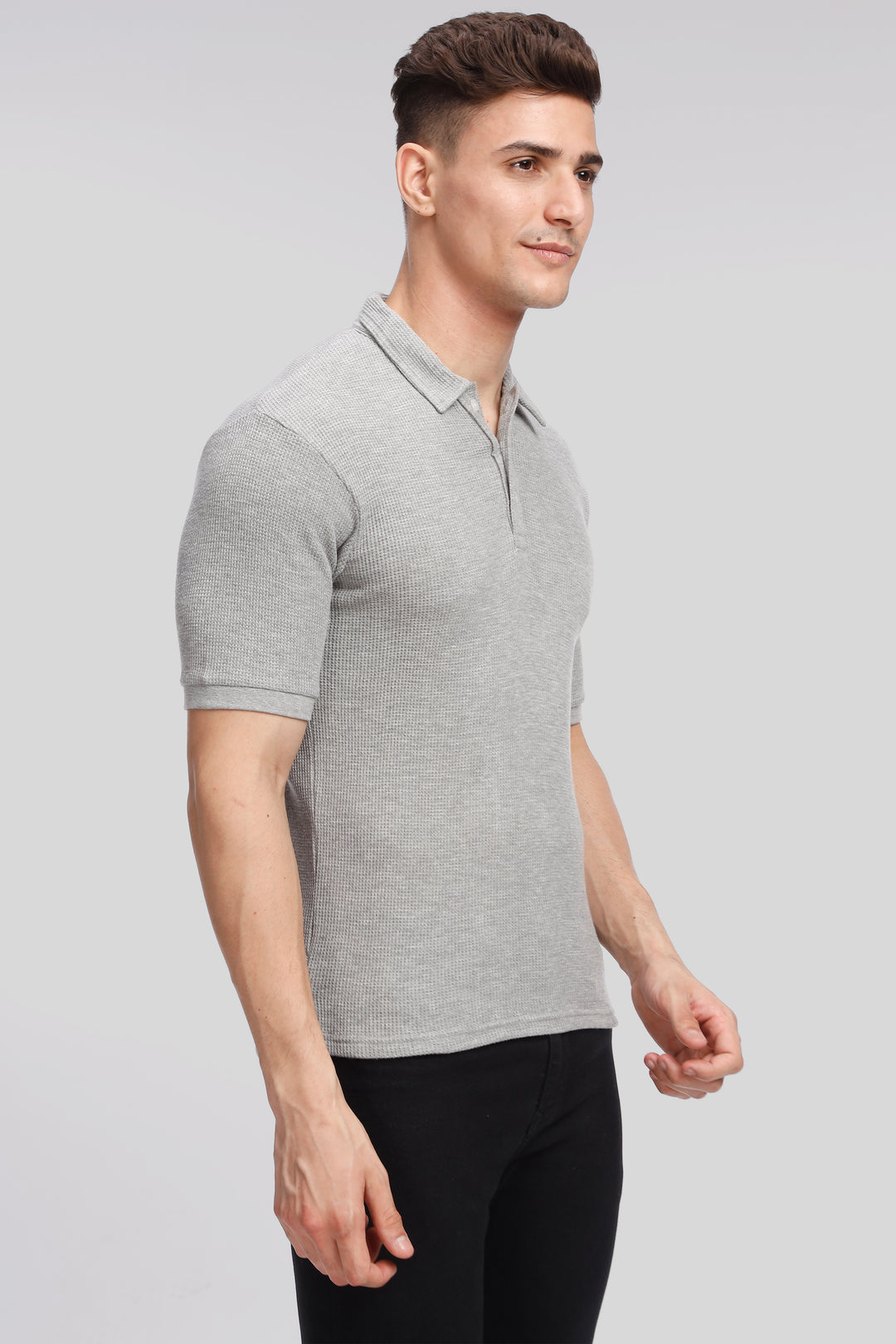 Grey Melange Waffle Knit Polo T-Shirt
