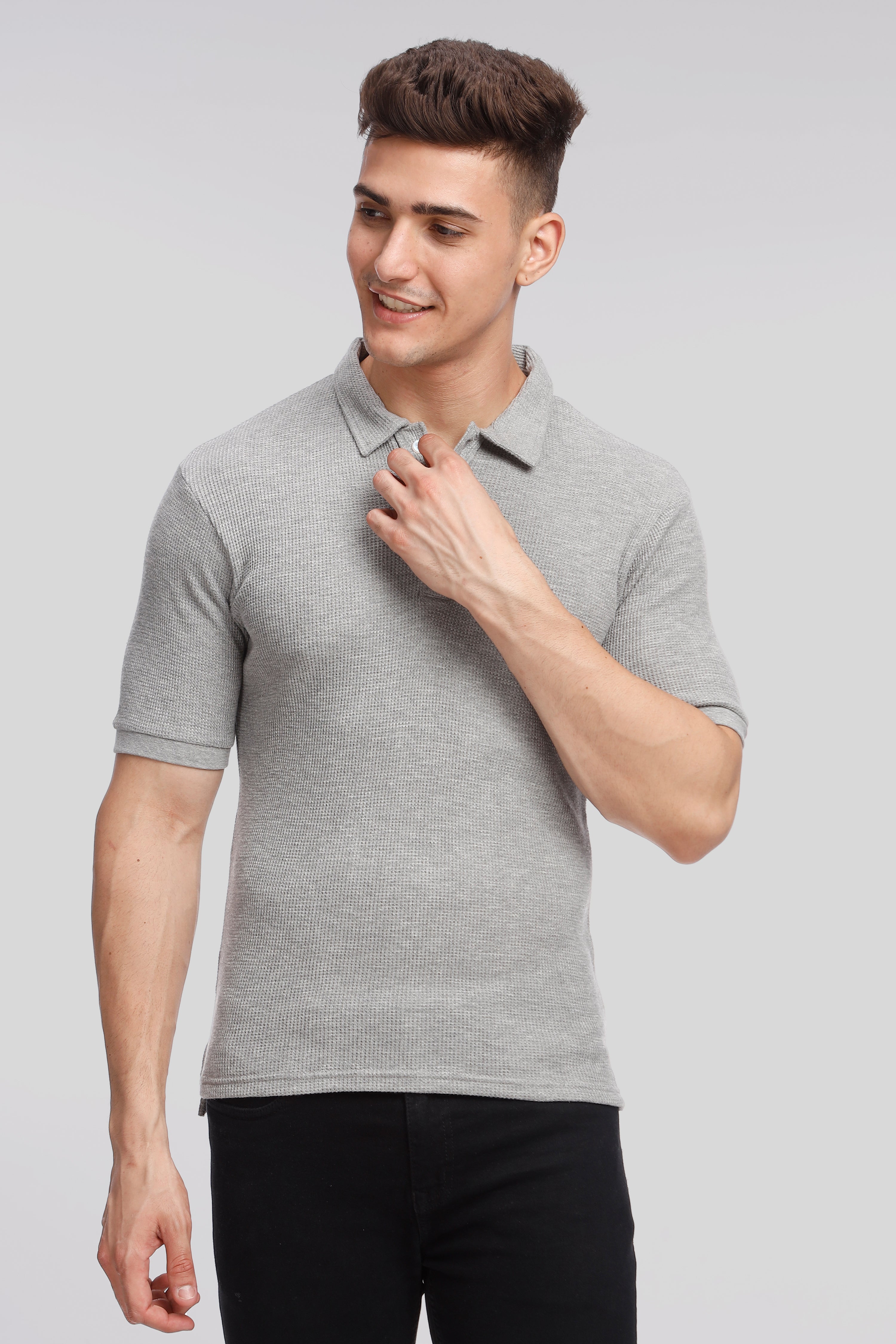 Grey Melange Waffle Knit Polo T-Shirt