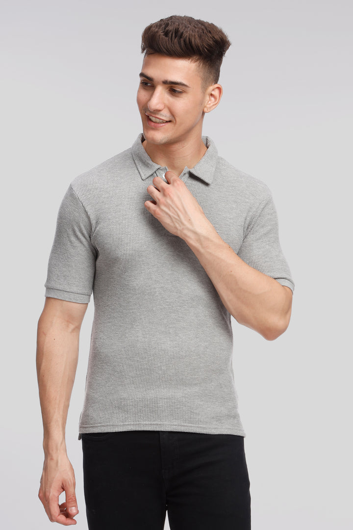 Grey Melange Waffle Knit Polo T-Shirt