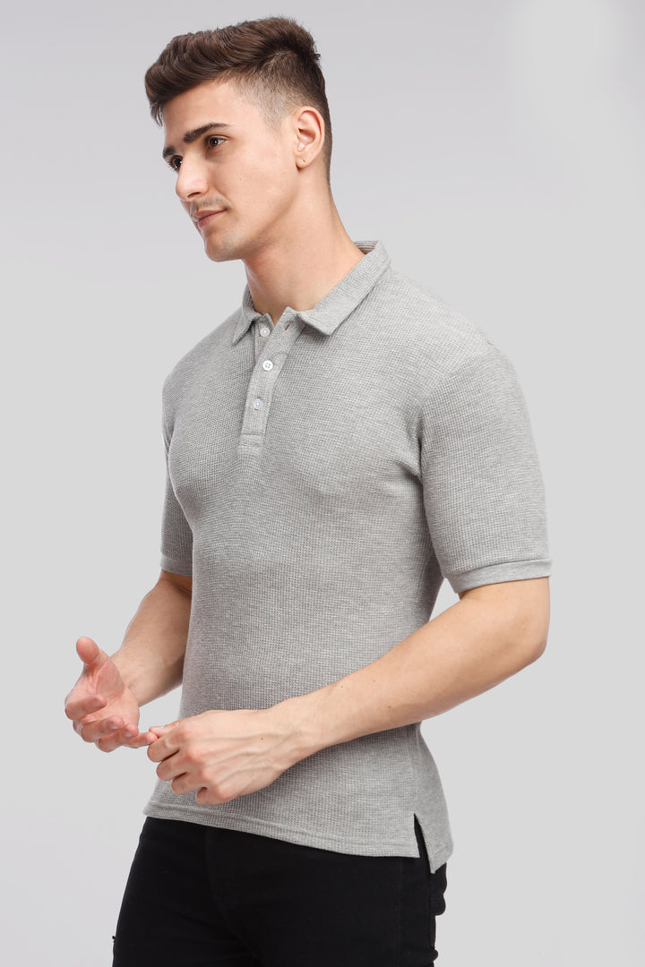 Grey Melange Waffle Knit Polo T-Shirt