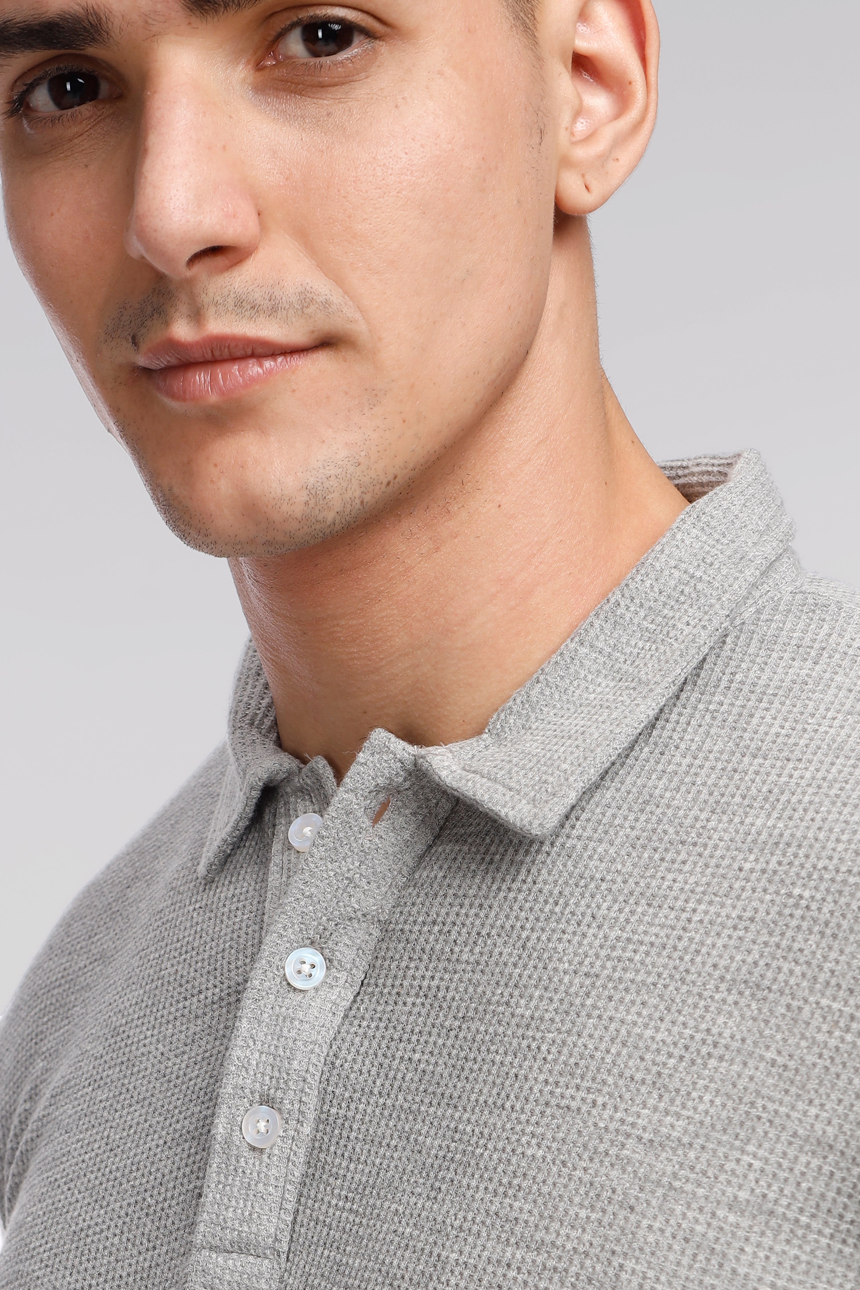 Grey Melange Waffle Knit Polo T-Shirt