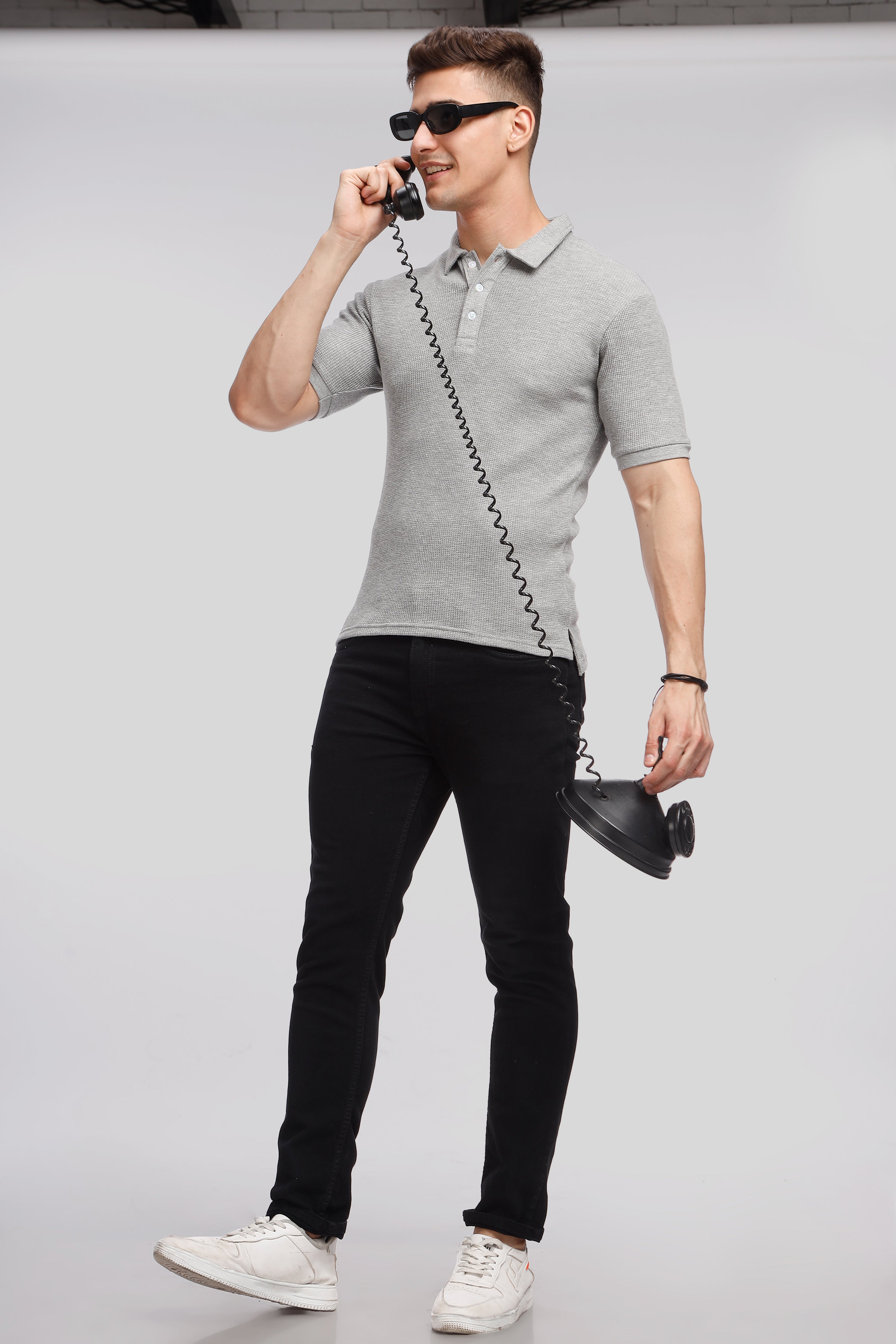 Grey Melange Waffle Knit Polo T-Shirt