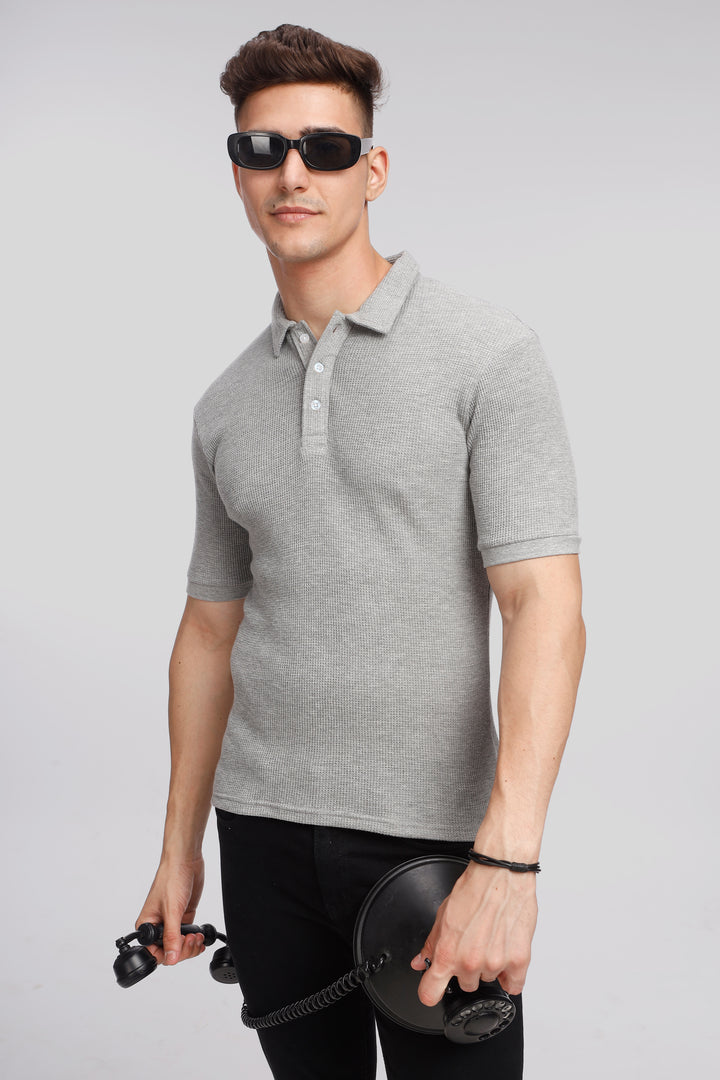 Grey Melange Waffle Knit Polo T-Shirt