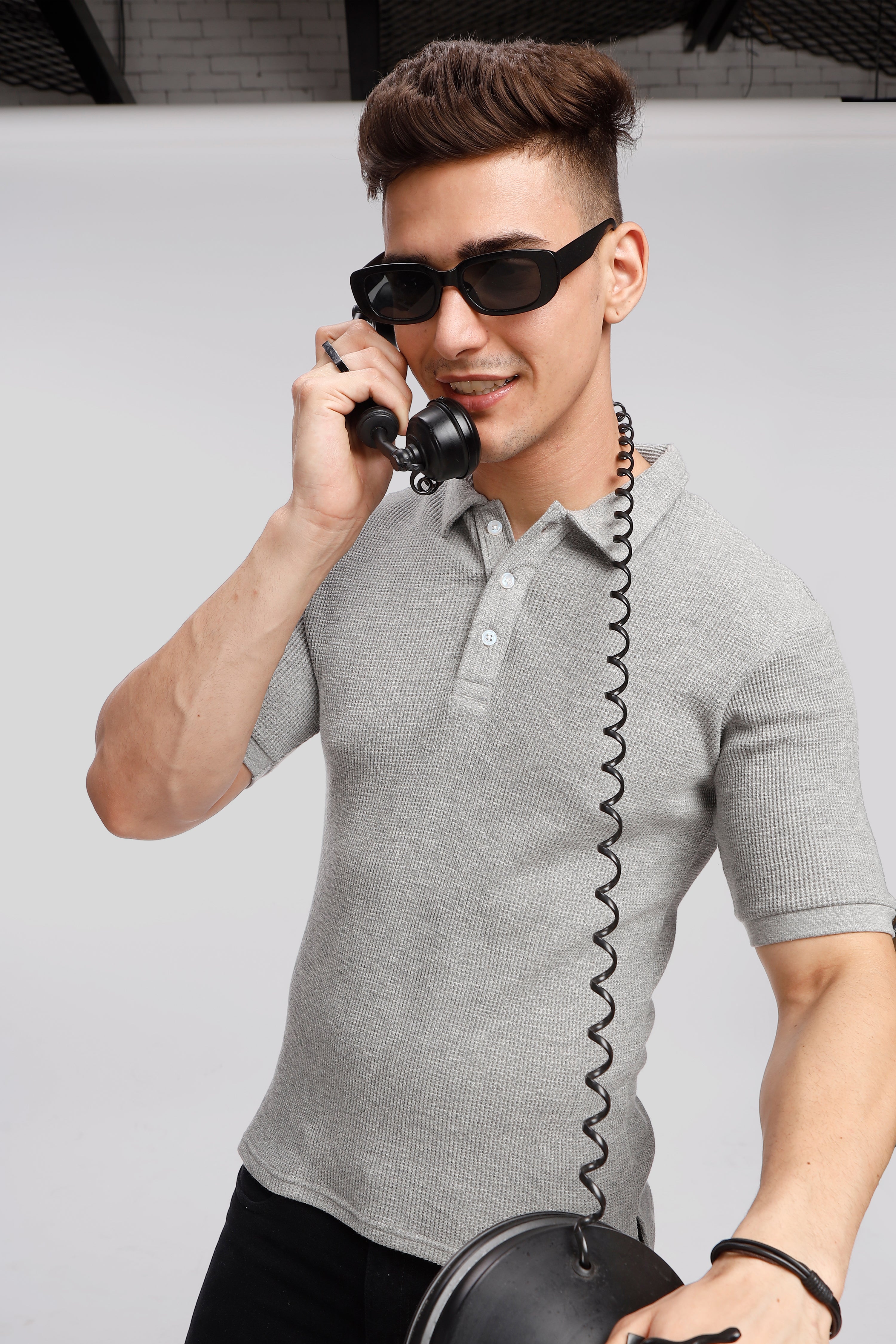 Grey Melange Waffle Knit Polo T-Shirt