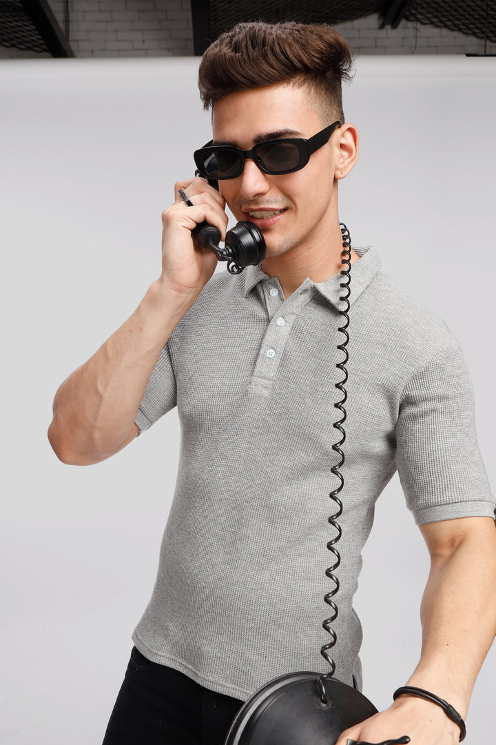 Grey Melange Waffle Knit Polo T-Shirt