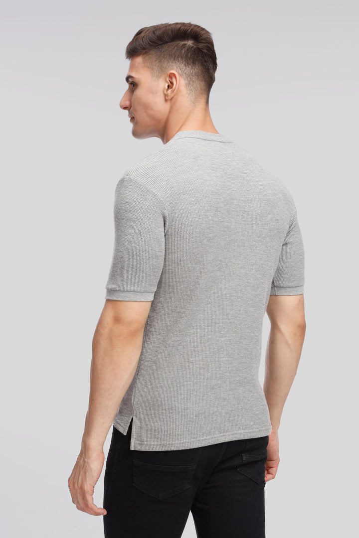 Grey Melange Waffle Knit Henley T-Shirt