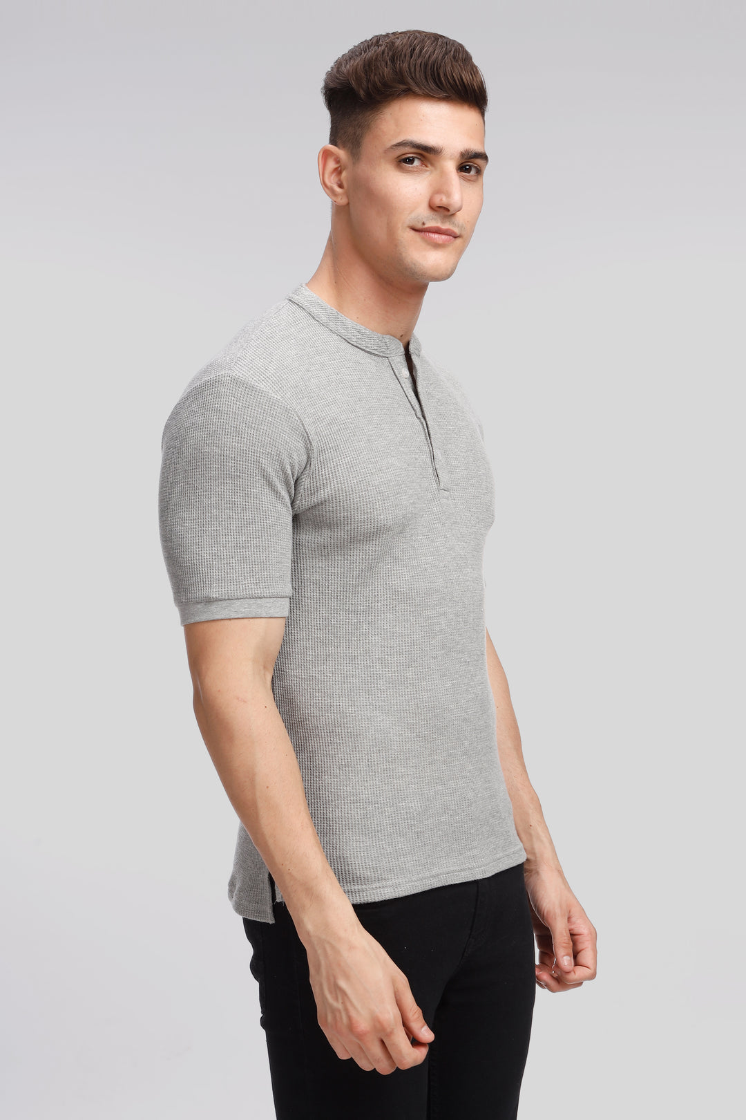 Grey Melange Waffle Knit Henley T-Shirt