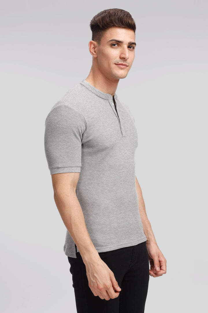 Grey Melange Waffle Knit Henley T-Shirt