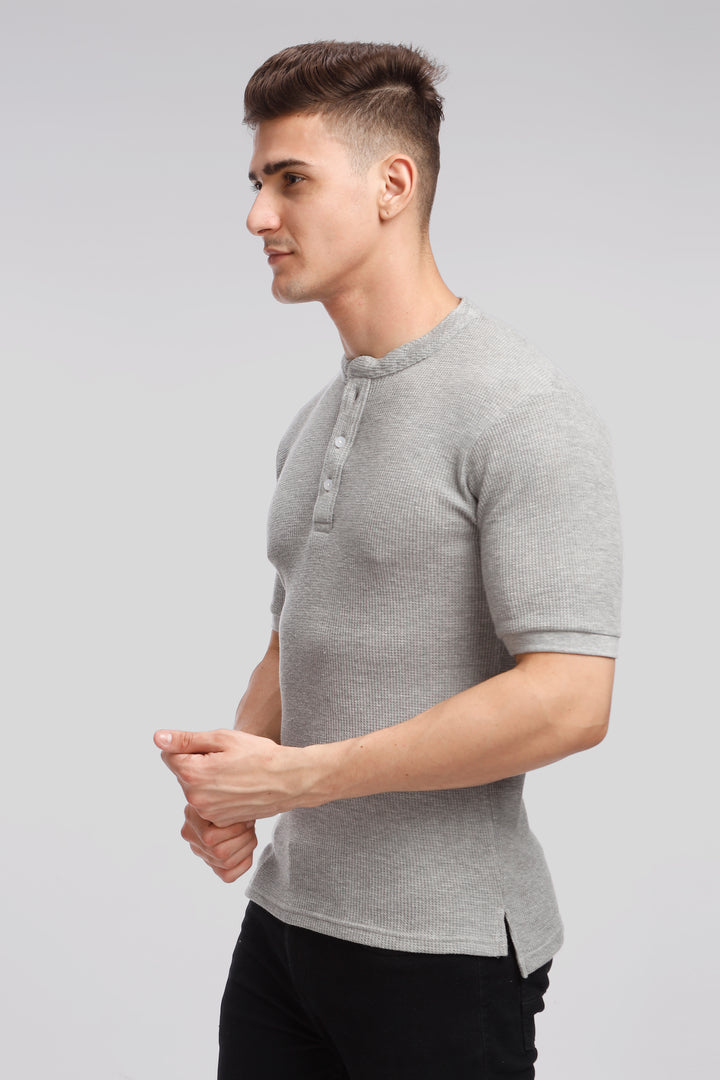 Grey Melange Waffle Knit Henley T-Shirt