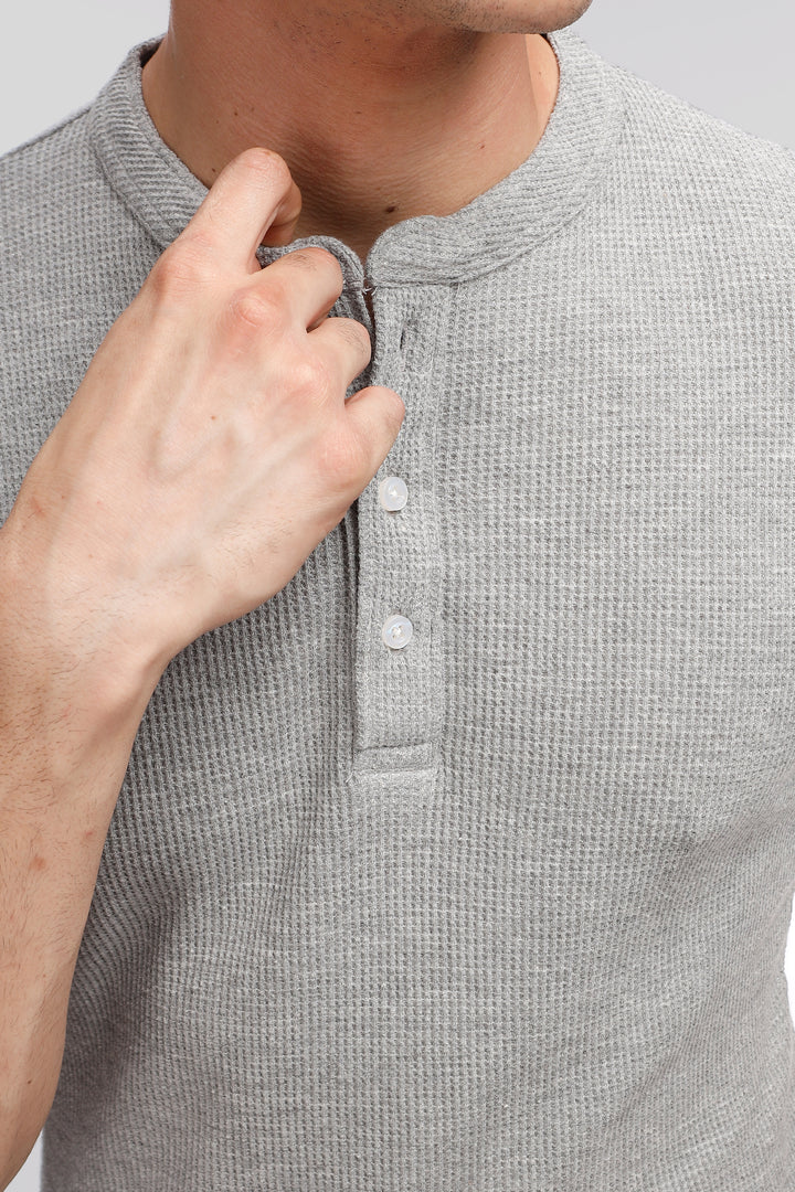 Grey Melange Waffle Knit Henley T-Shirt