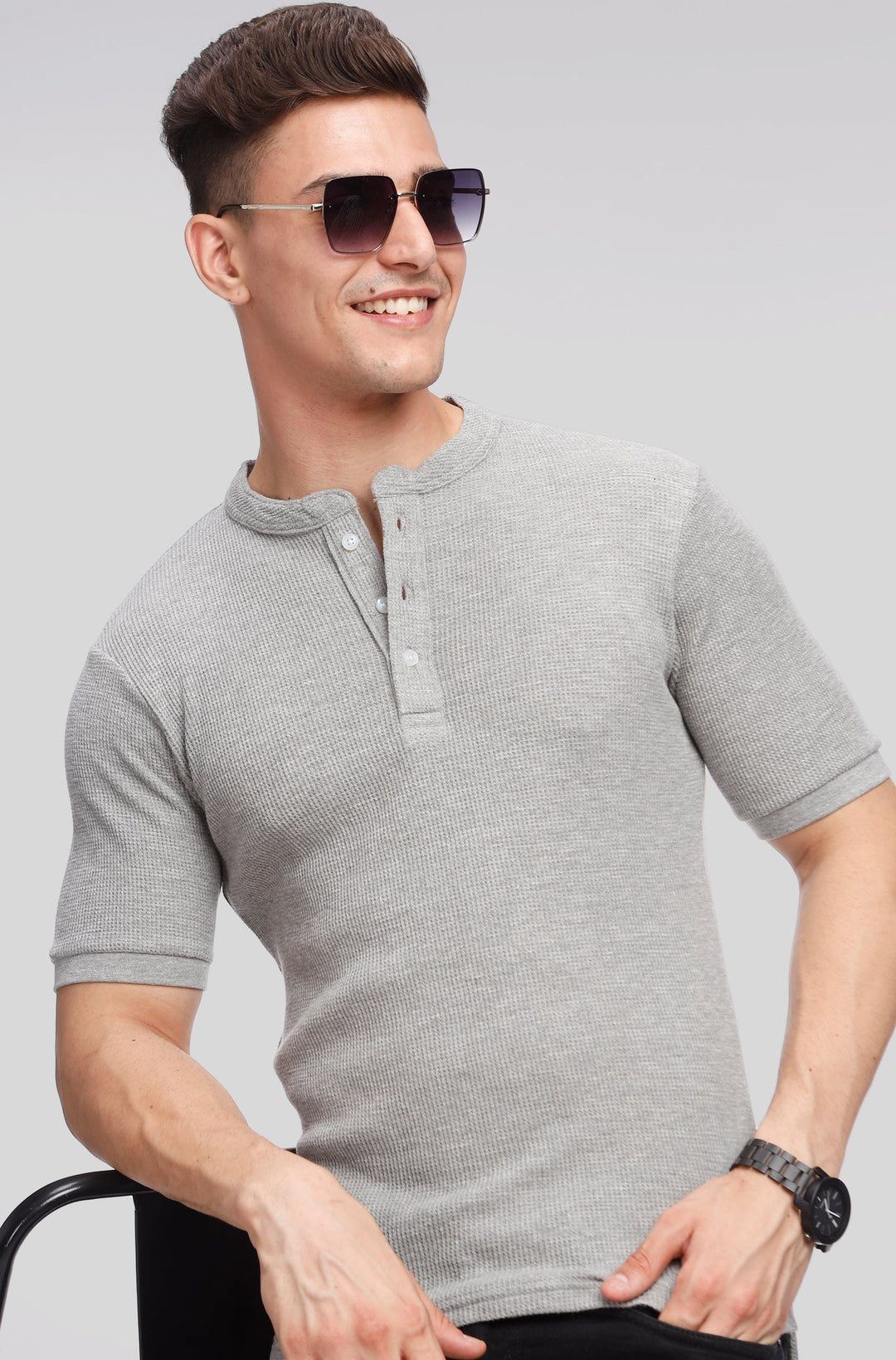Grey Melange Waffle Knit Henley T-Shirt