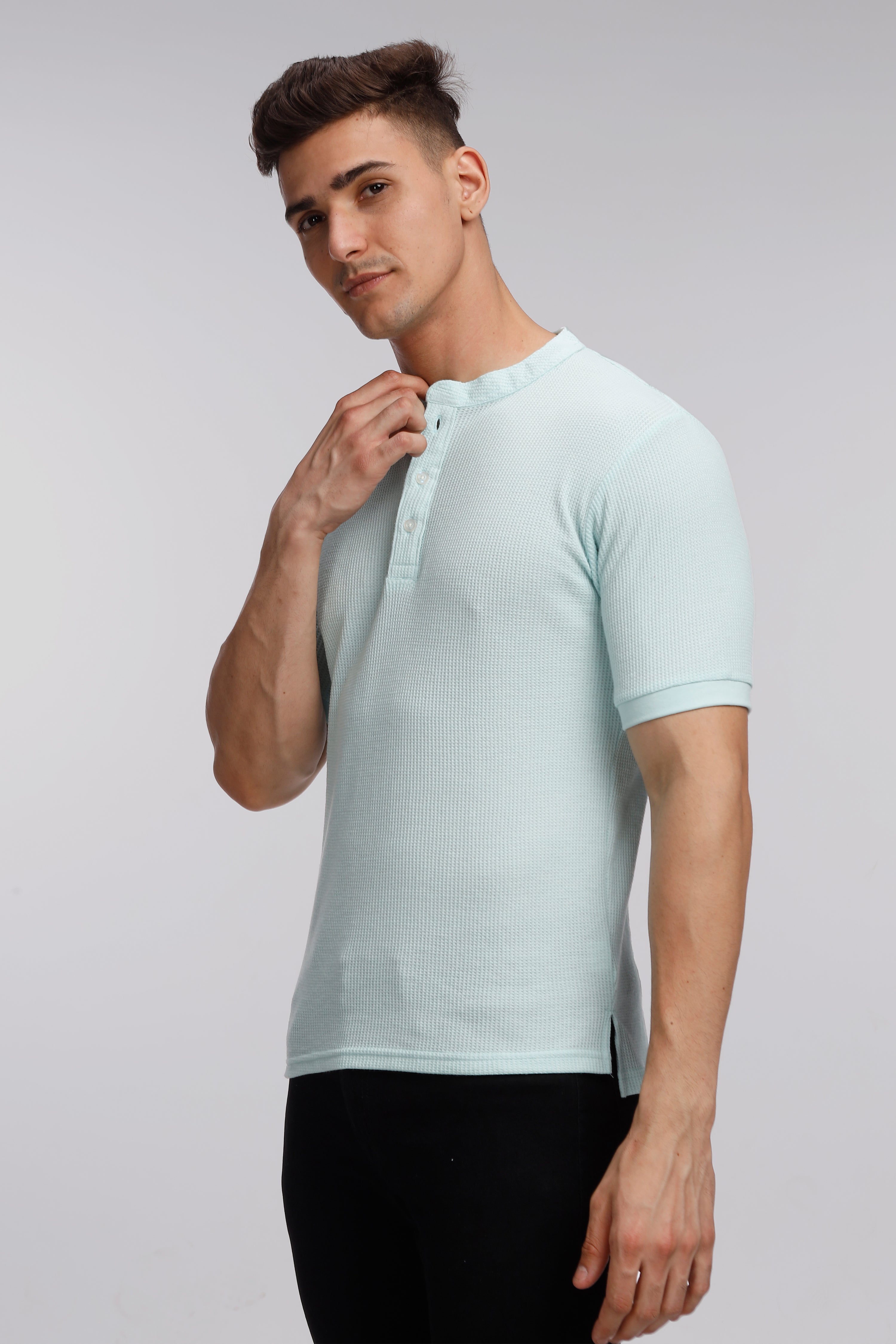 Sky Blue Waffle Knit Half Sleeves Henley T-Shirt