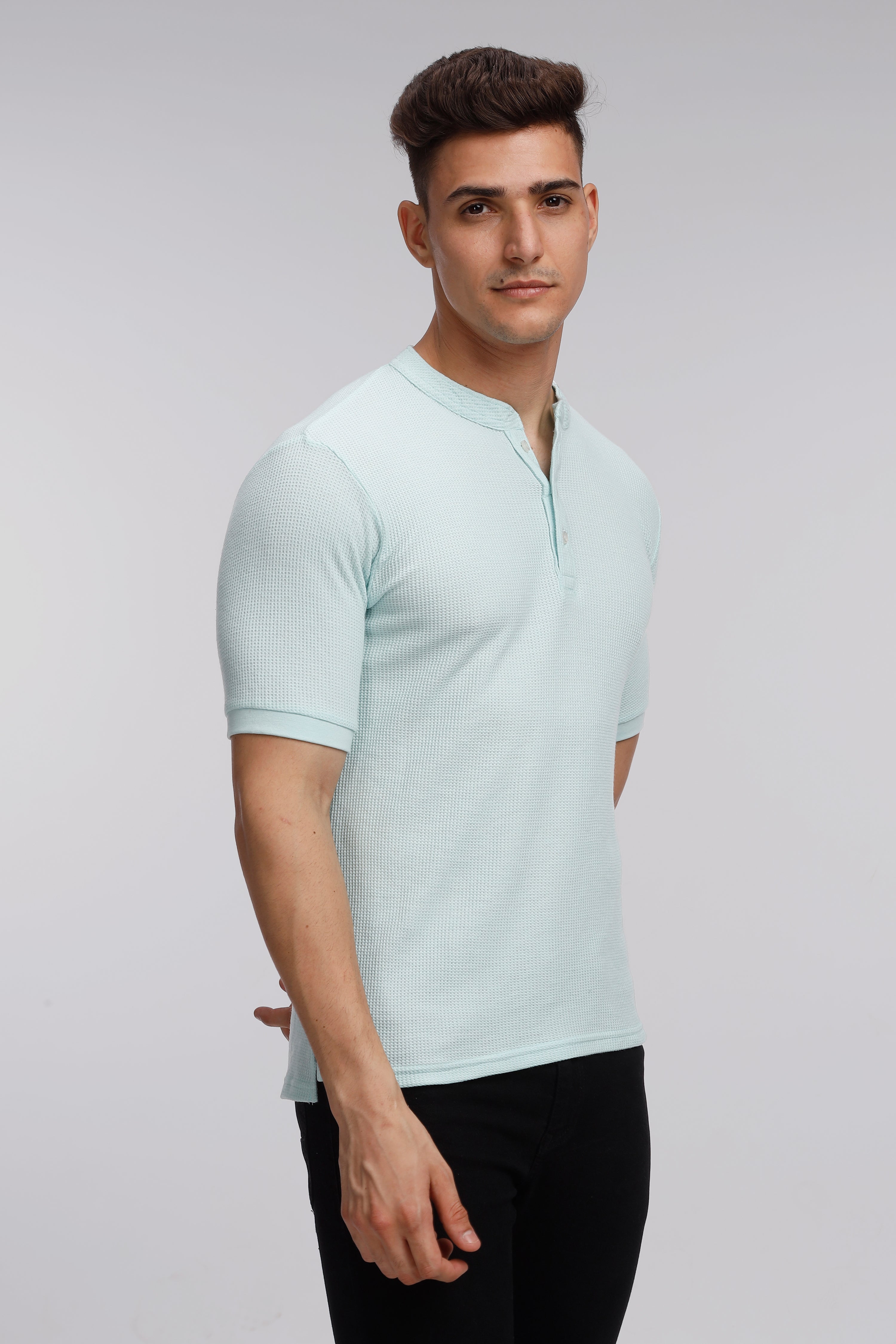 Sky Blue Waffle Knit Half Sleeves Henley T-Shirt