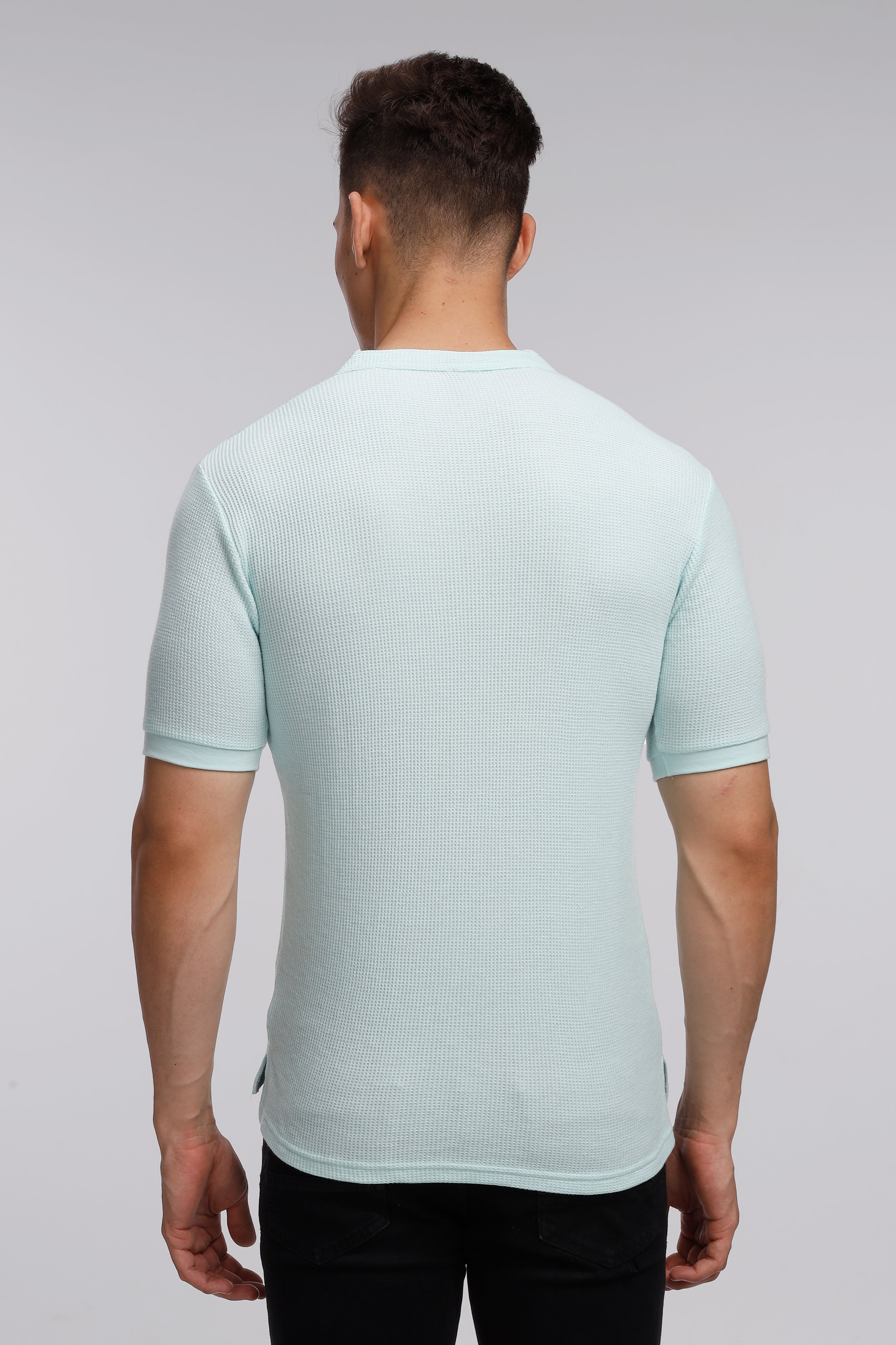 Sky Blue Waffle Knit Half Sleeves Henley T-Shirt