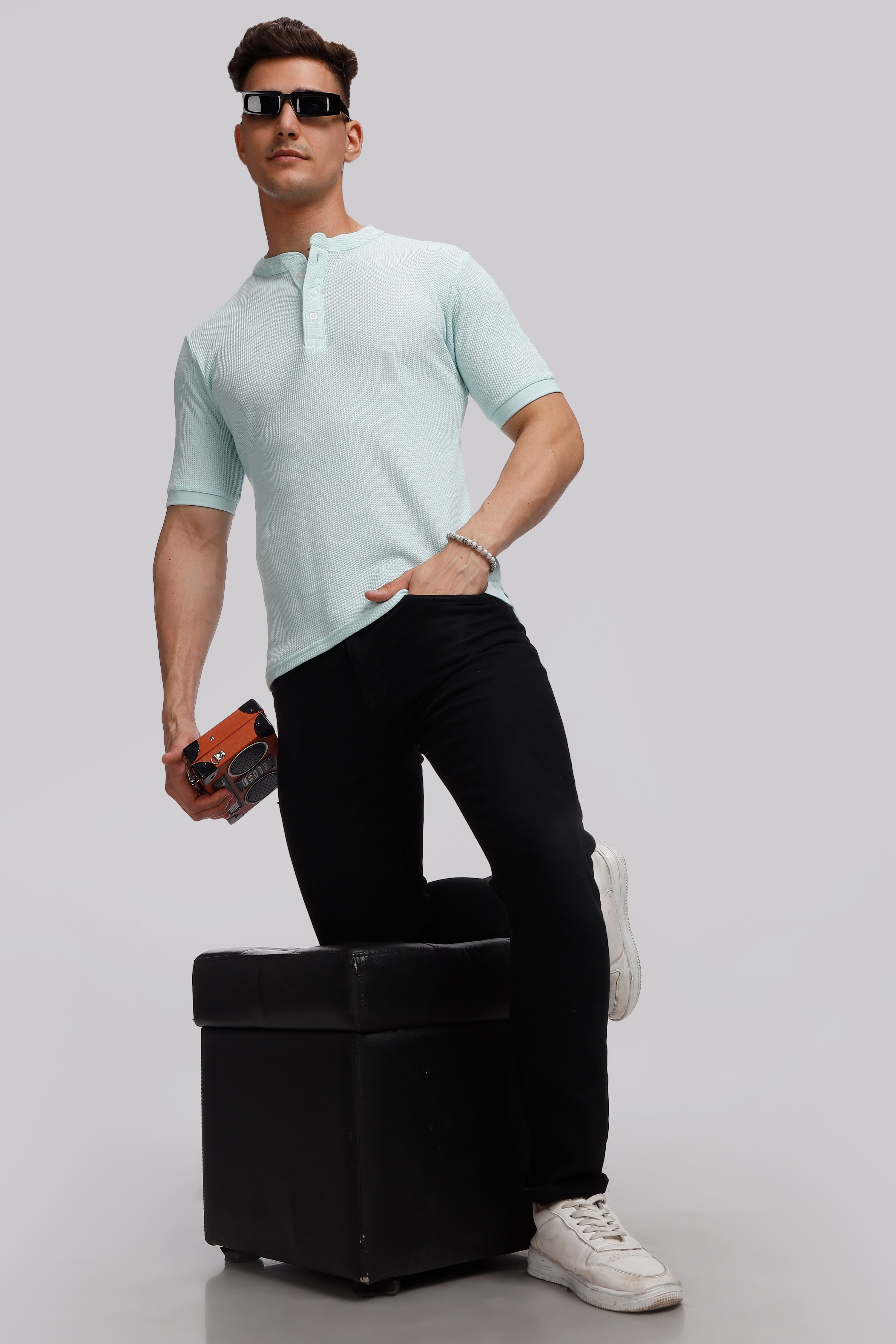 Sky Blue Waffle Henley T-Shirt