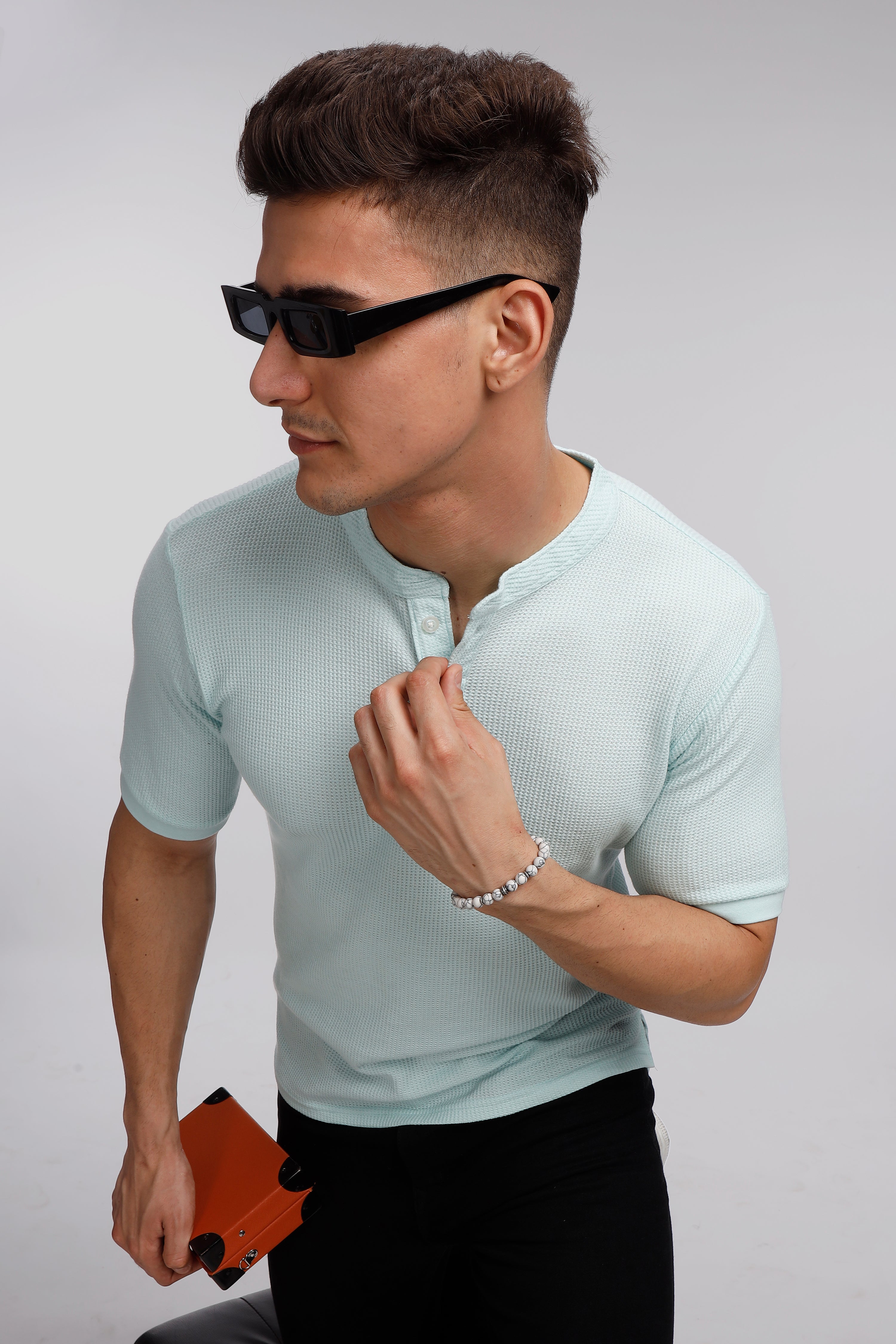 Sky Blue Waffle Knit Half Sleeves Henley T-Shirt