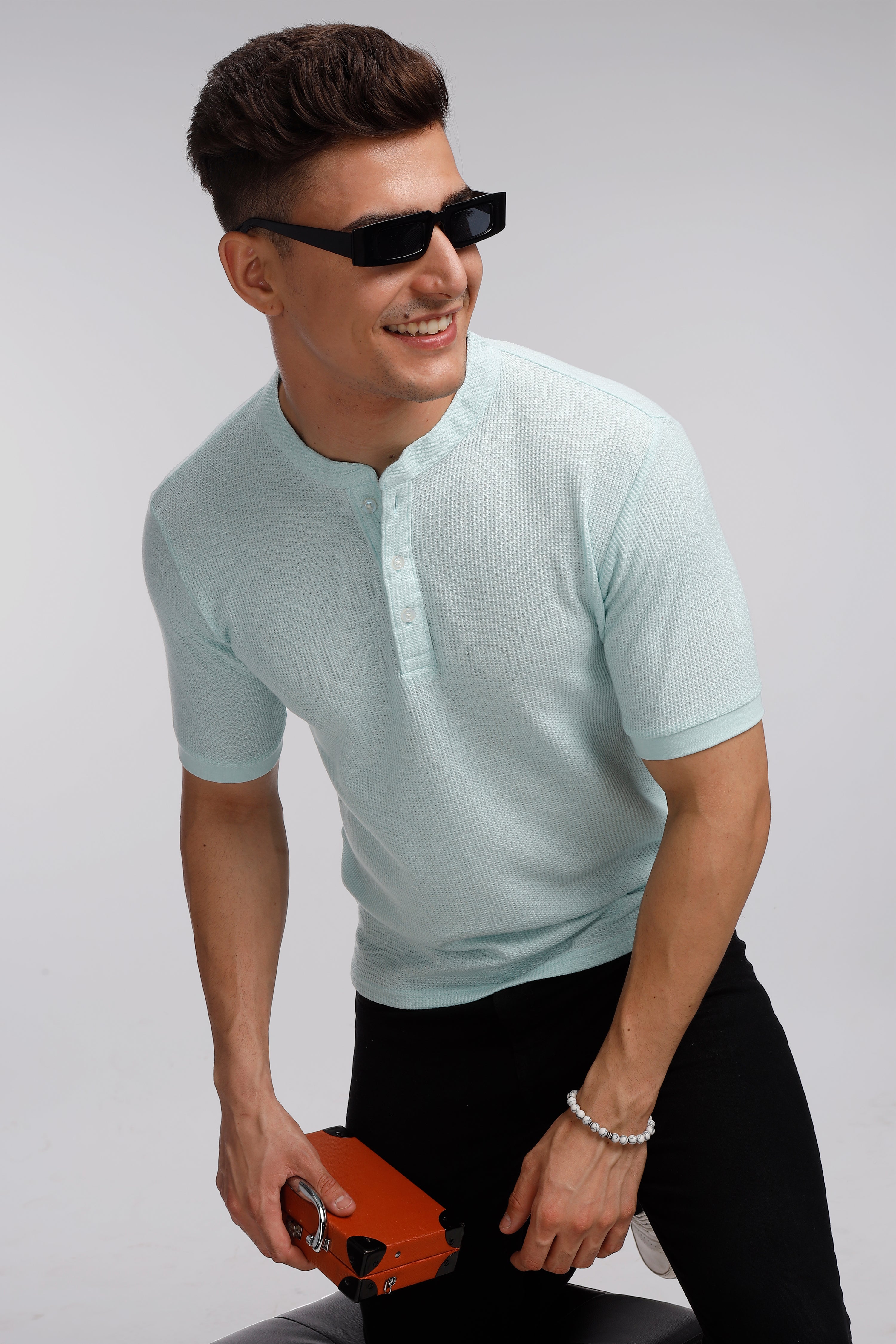 Sky Blue Waffle Henley T-Shirt