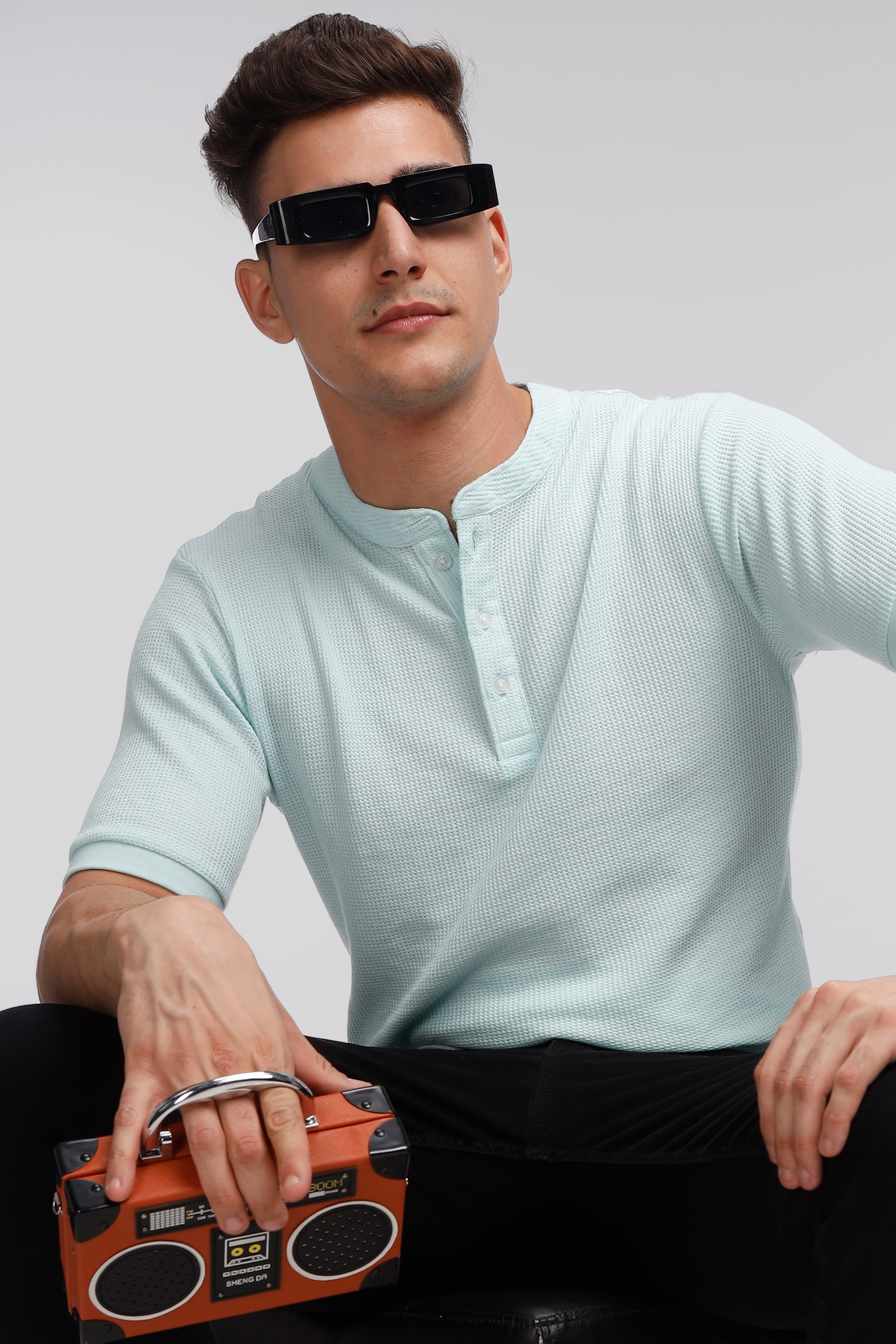 Sky Blue Waffle Henley T-Shirt