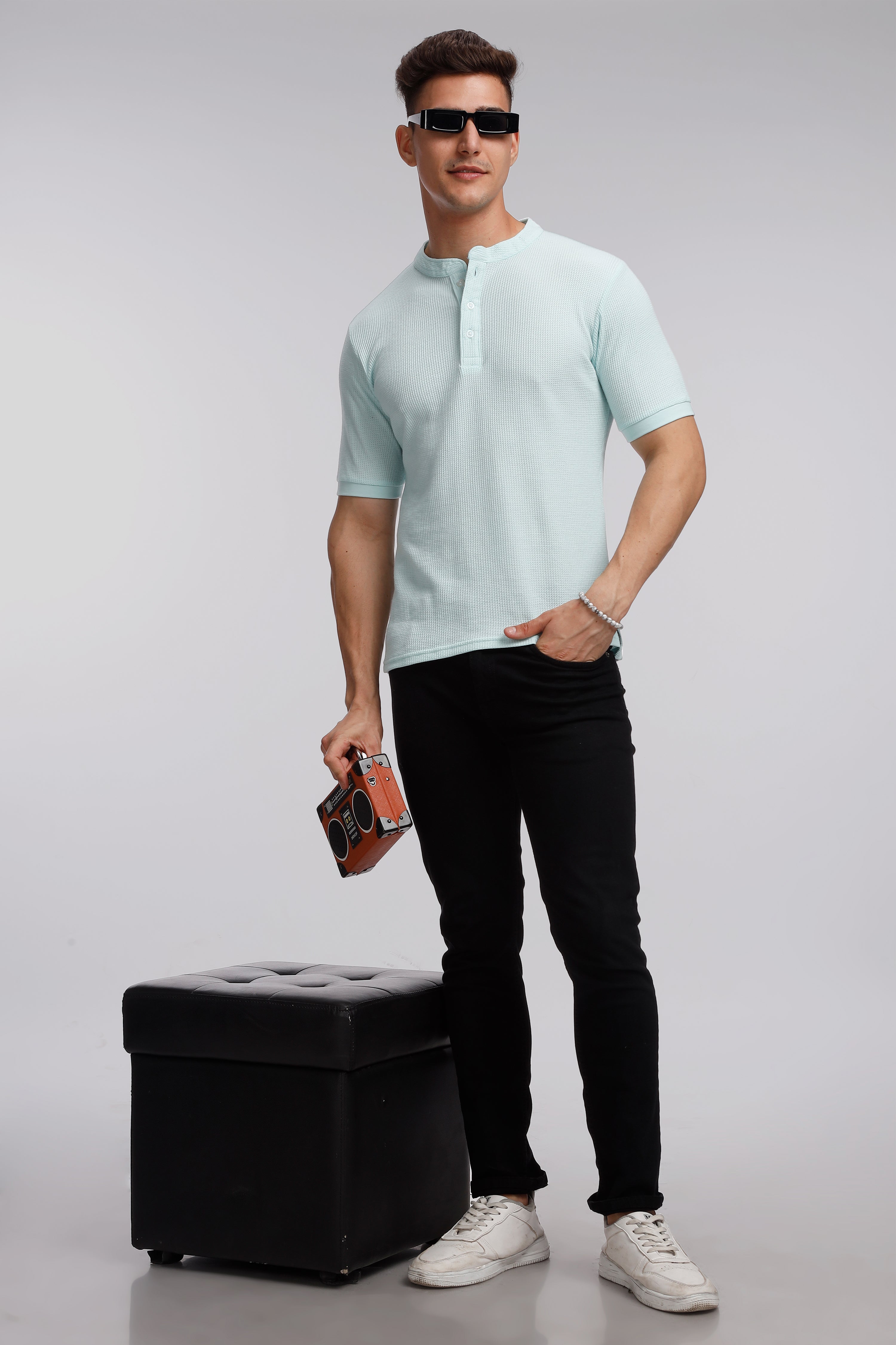 Sky Blue Waffle Henley T-Shirt