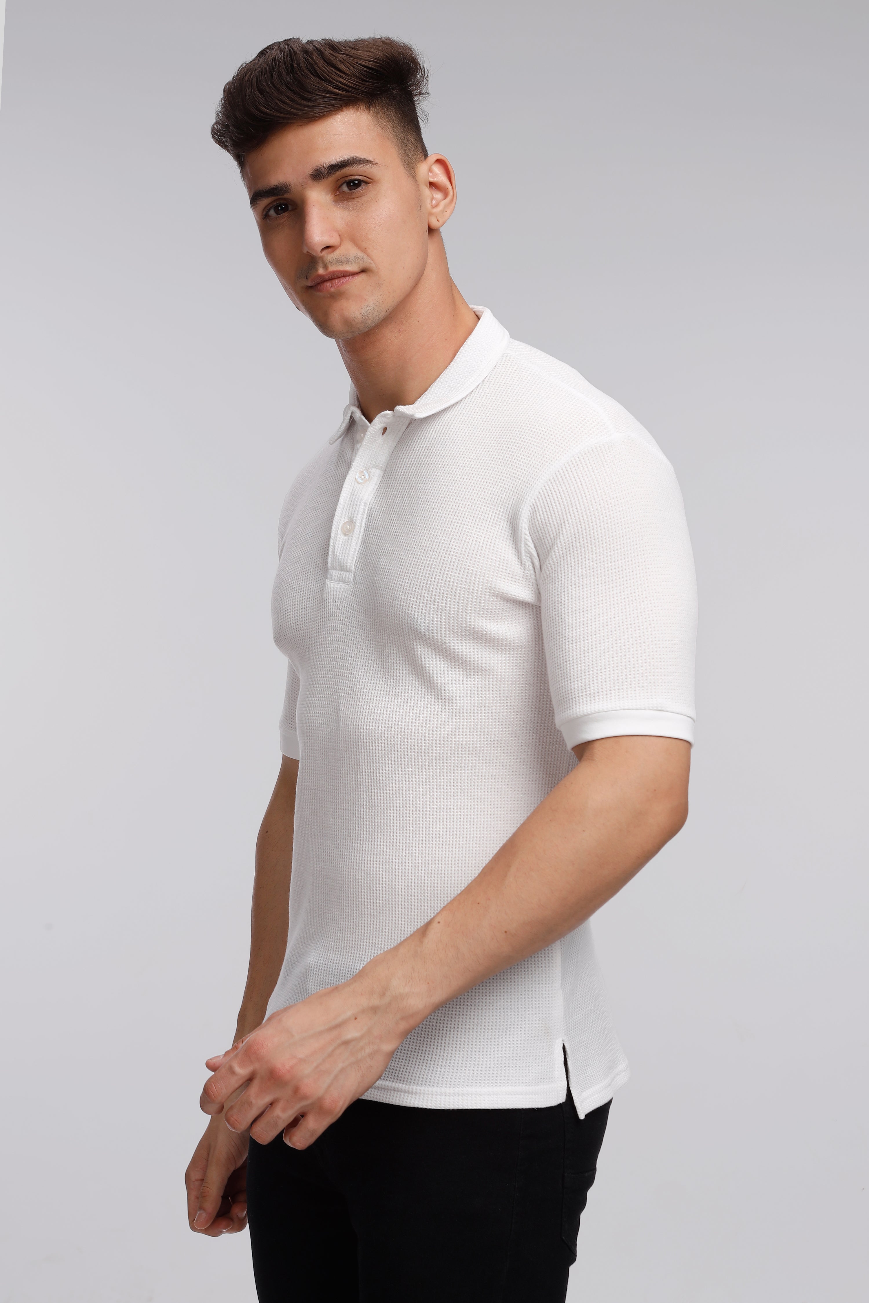 White Waffle Knit Polo T-Shirt