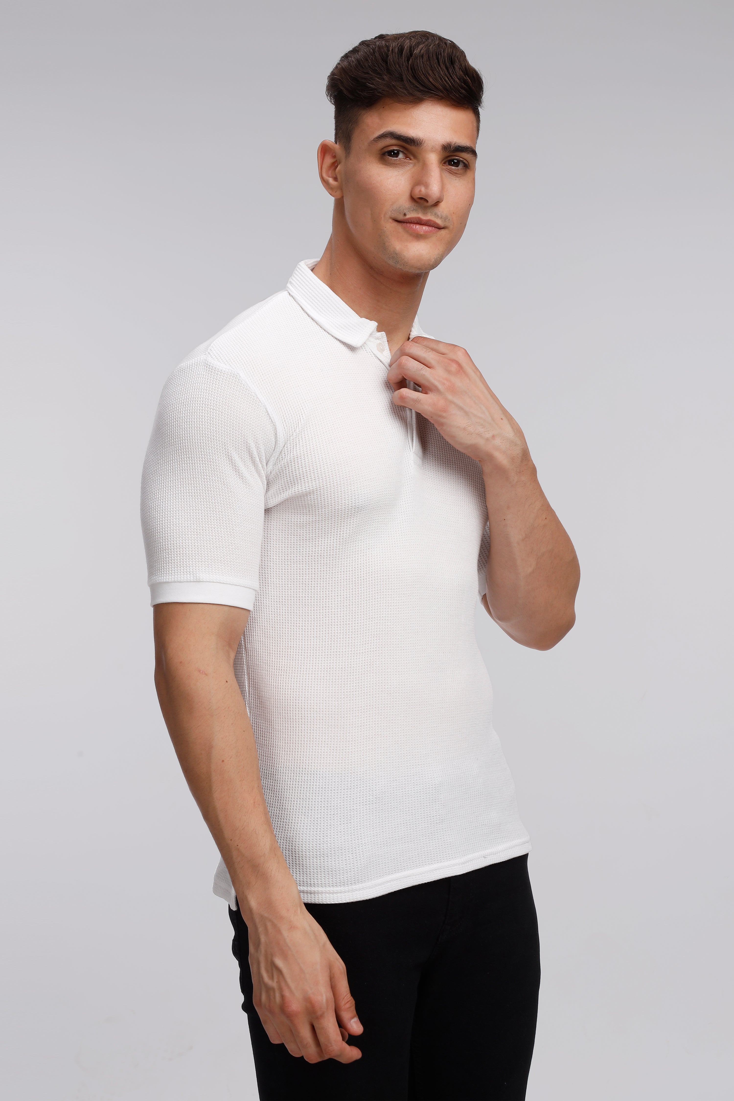 White Waffle Knit Polo T-Shirt