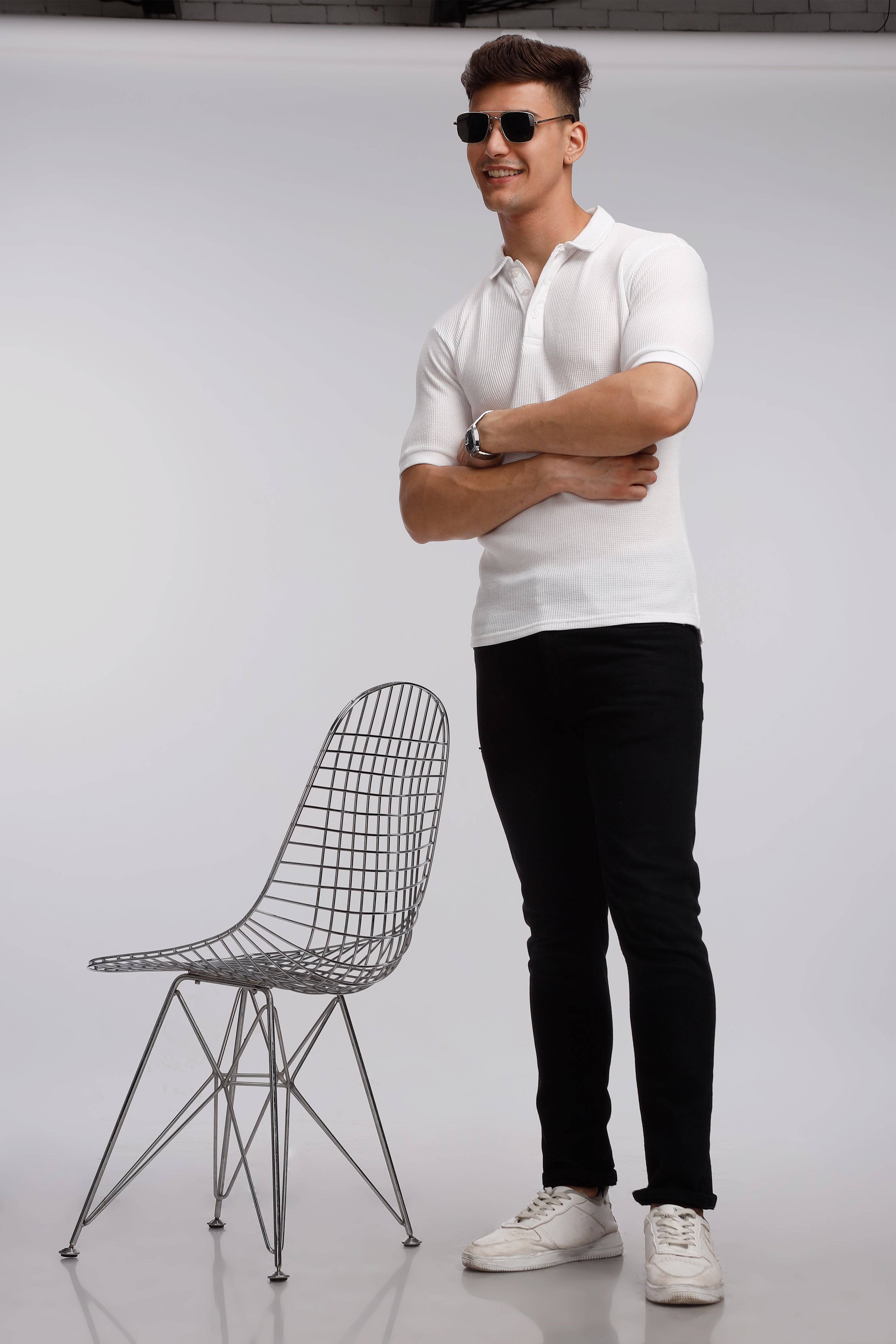 White Waffle Knit Polo T-Shirt