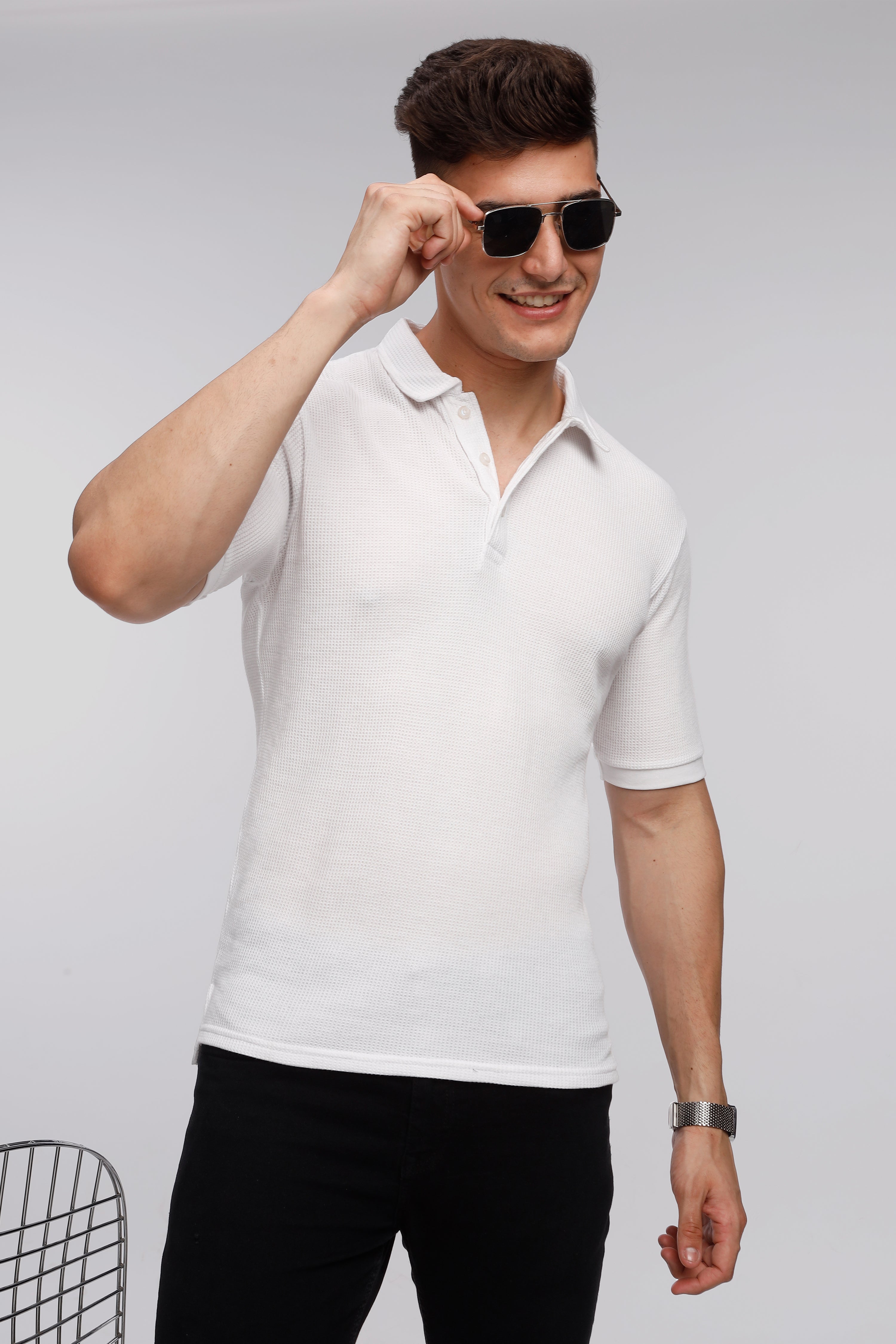 White Waffle Knit Polo T-Shirt