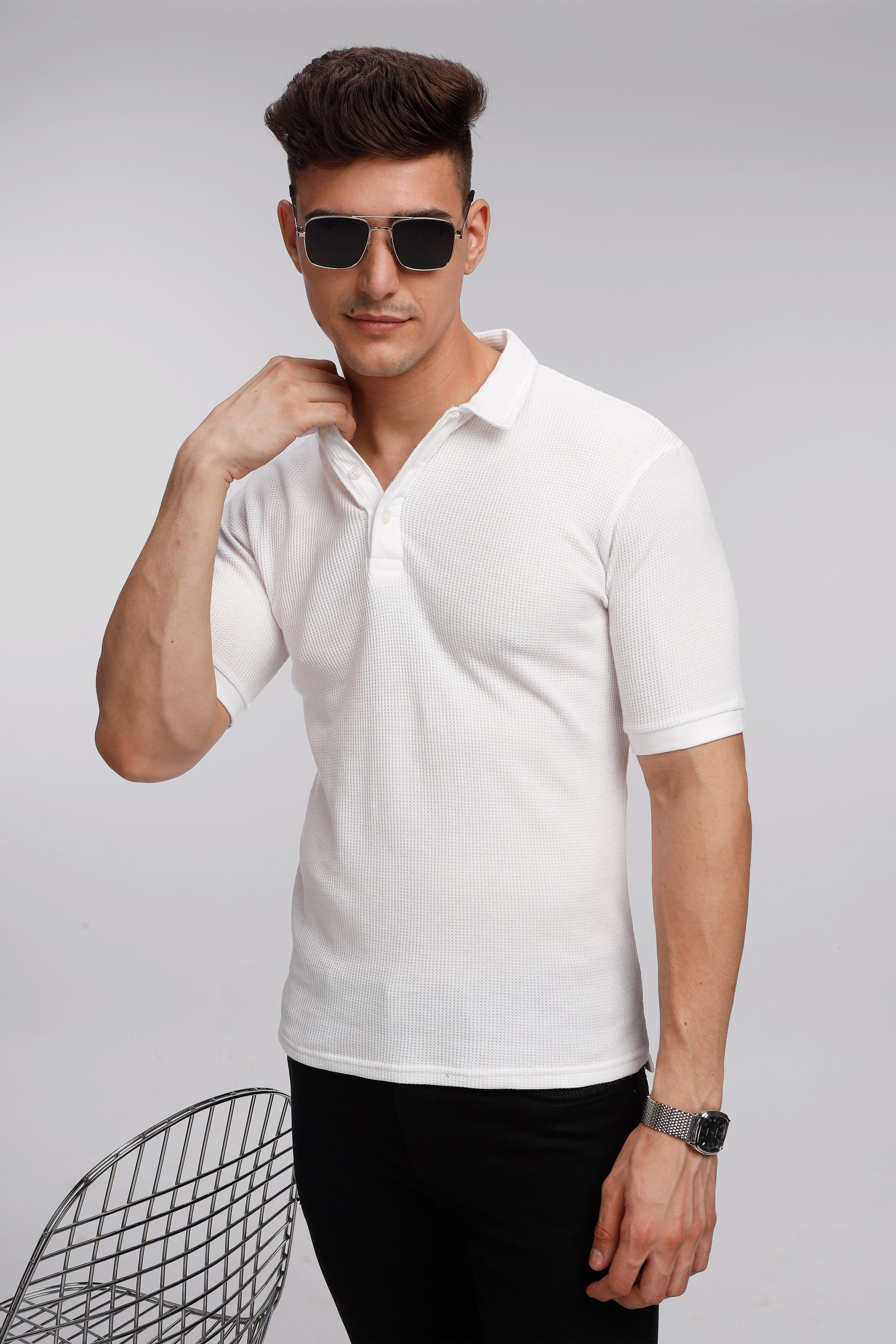 White Waffle Knit Polo T-Shirt