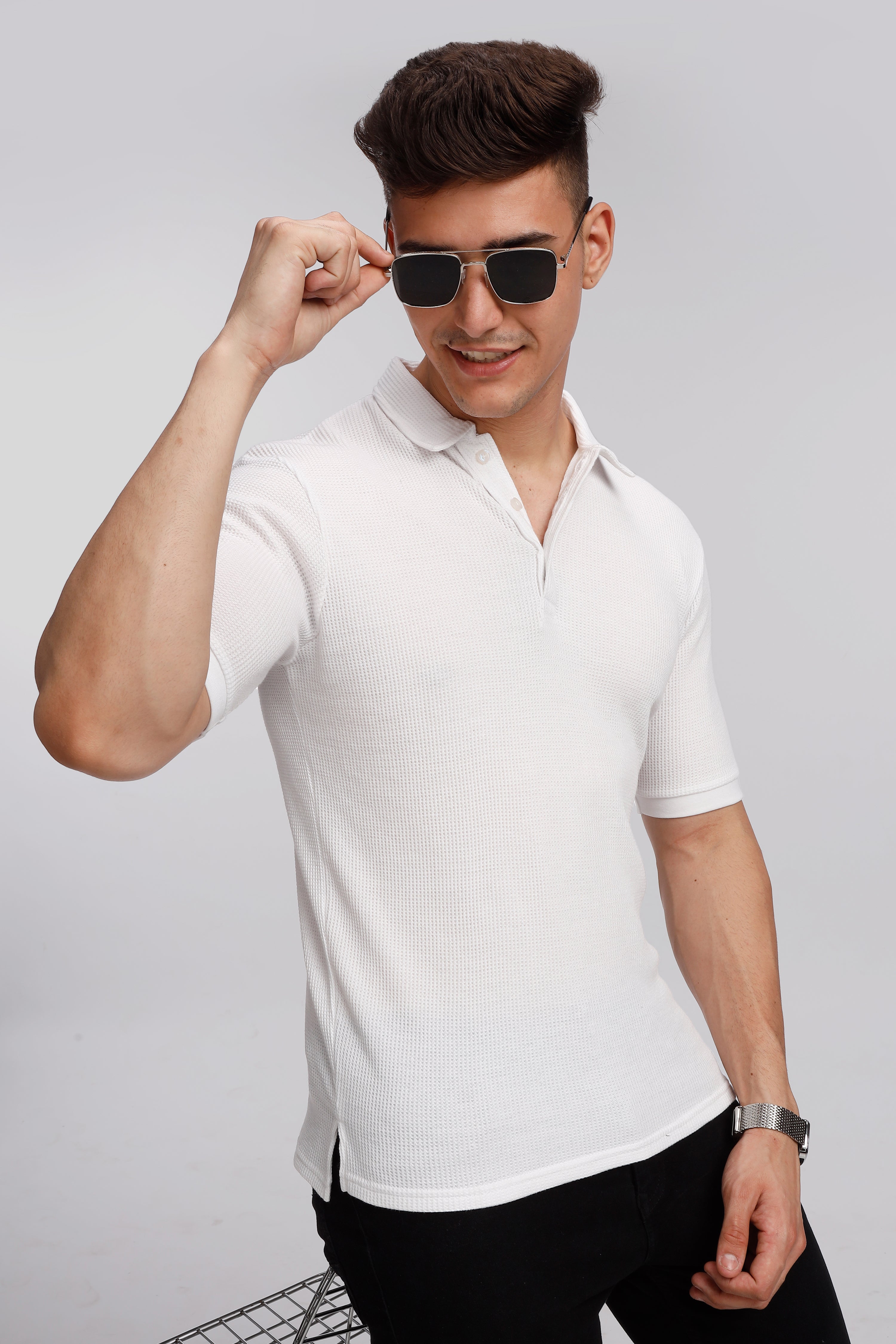 White Waffle Knit Polo T-Shirt