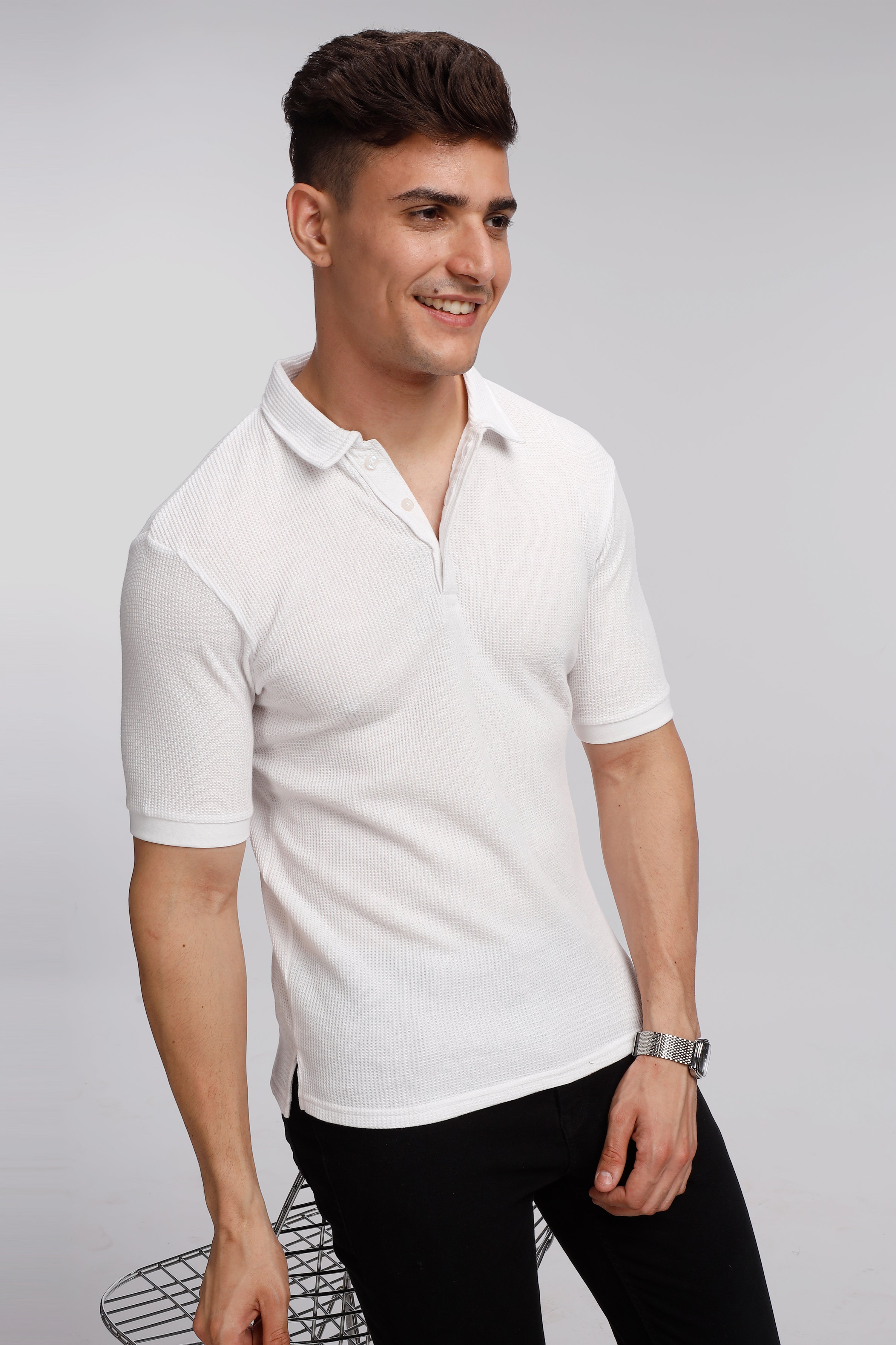 White Waffle Knit Polo T-Shirt