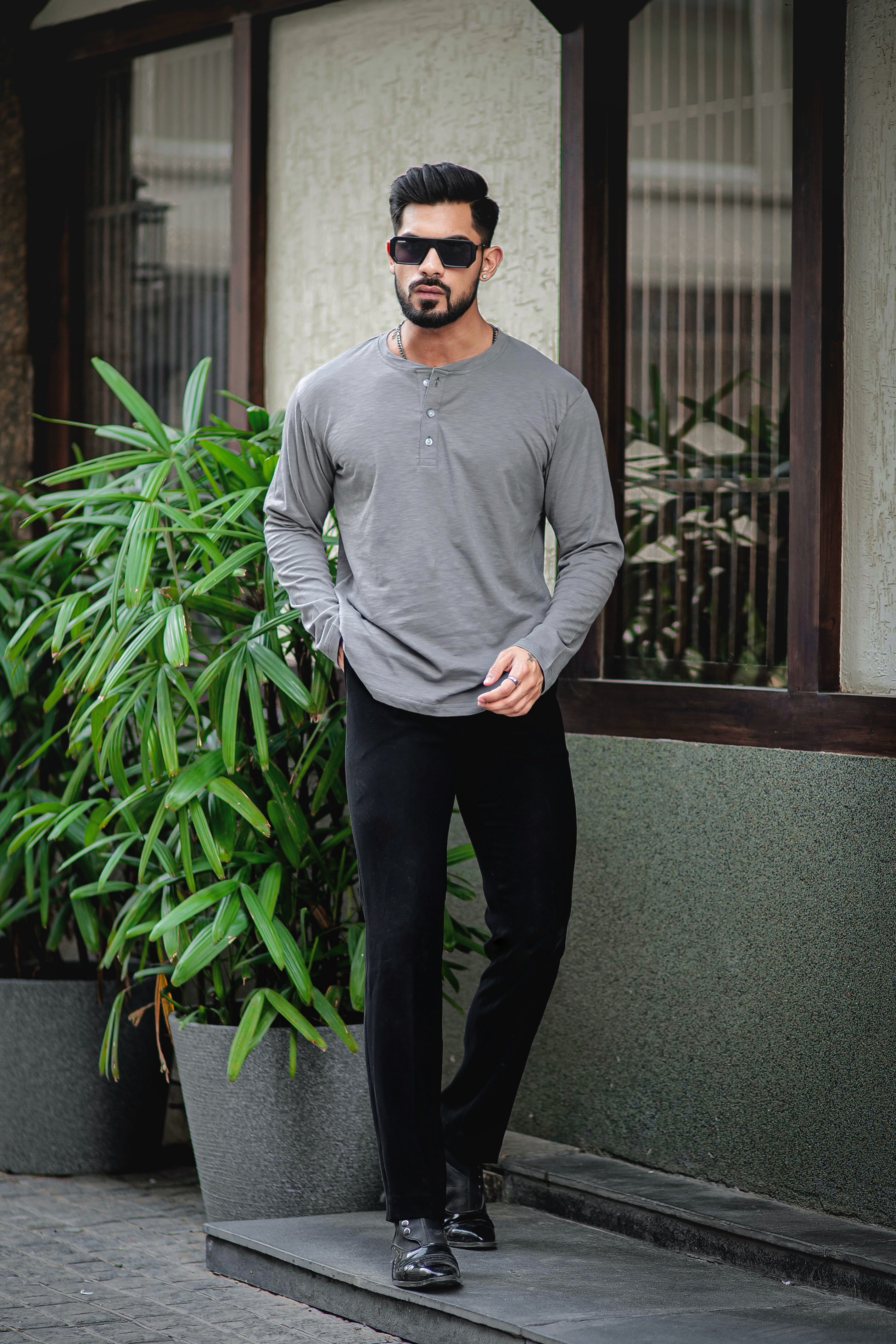 Dark Grey Self Design Slub Henley T-Shirt