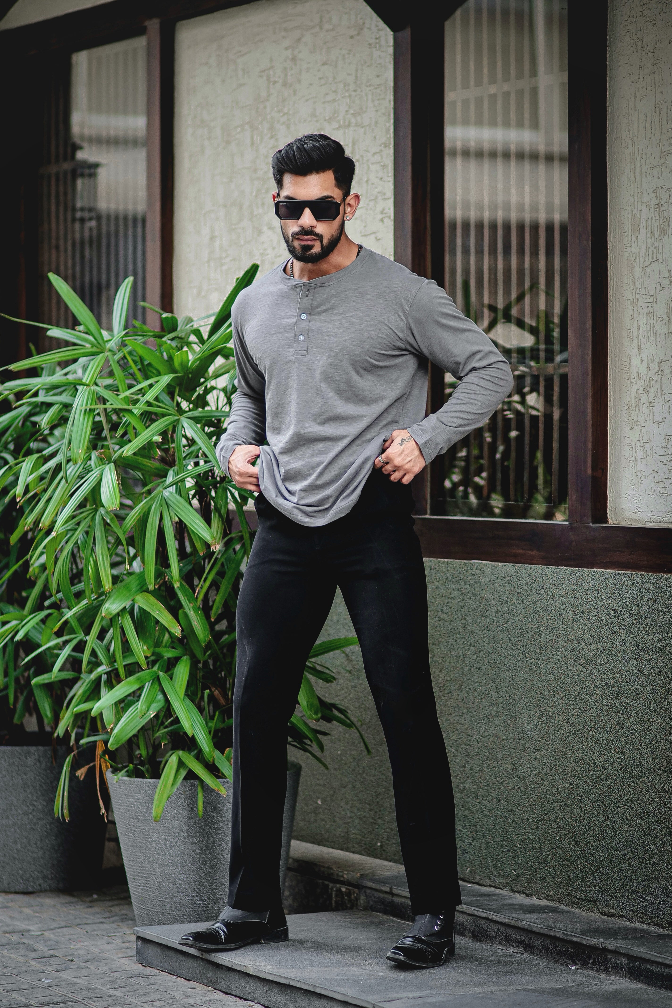 Dark Grey Self Design Slub Henley T-Shirt