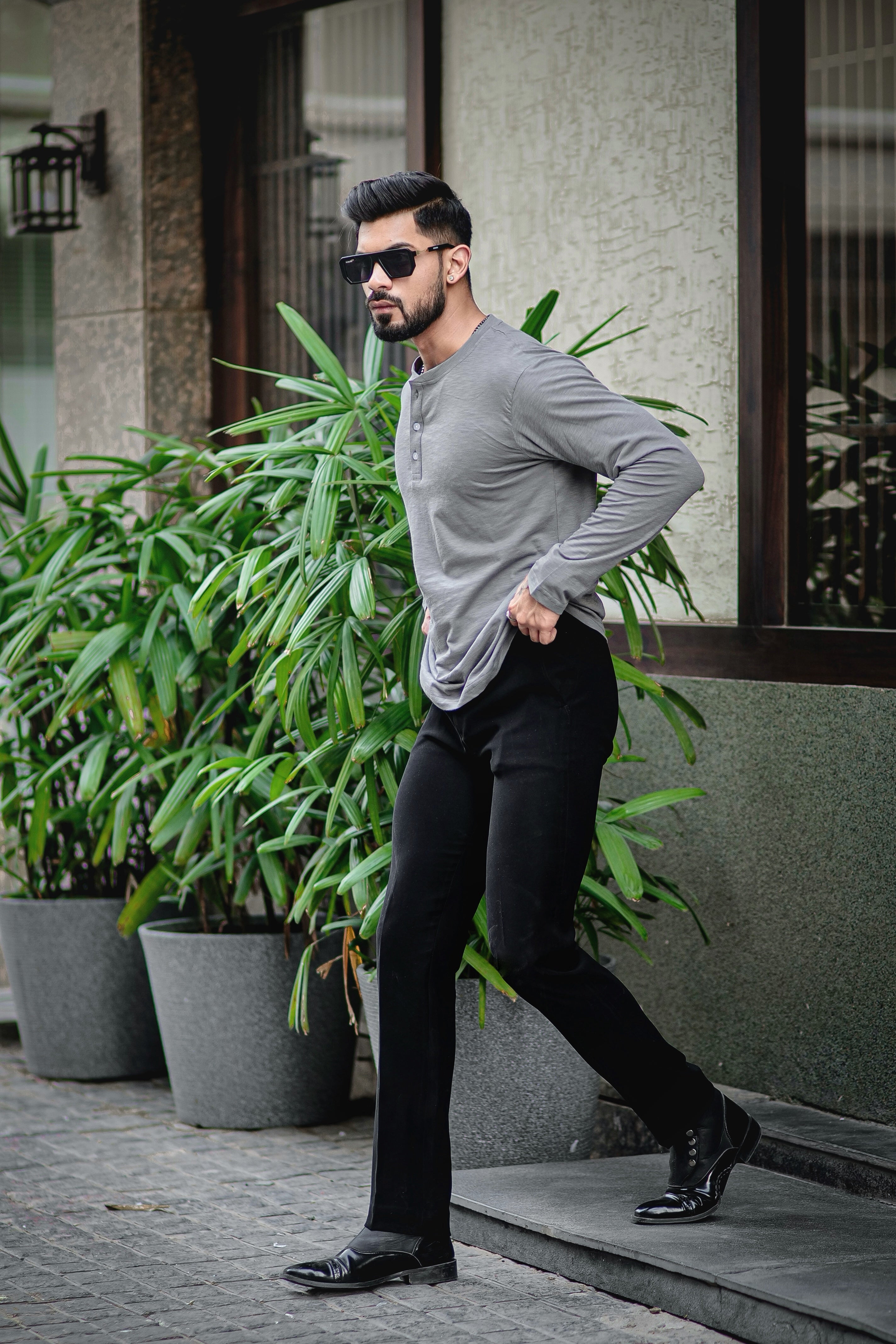 Dark Grey Self Design Slub Henley T-Shirt