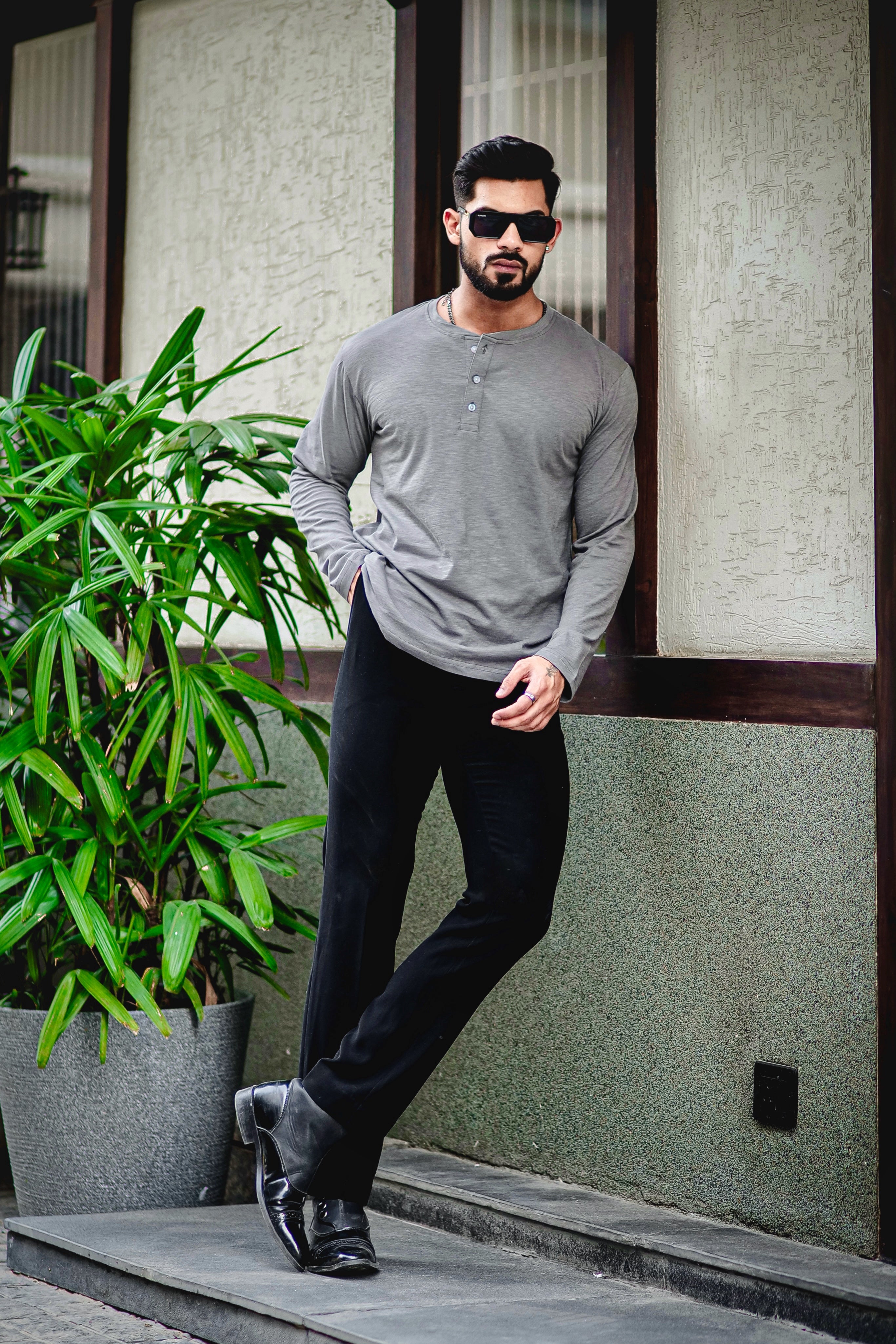 Dark Grey Self Design Slub Henley T-Shirt