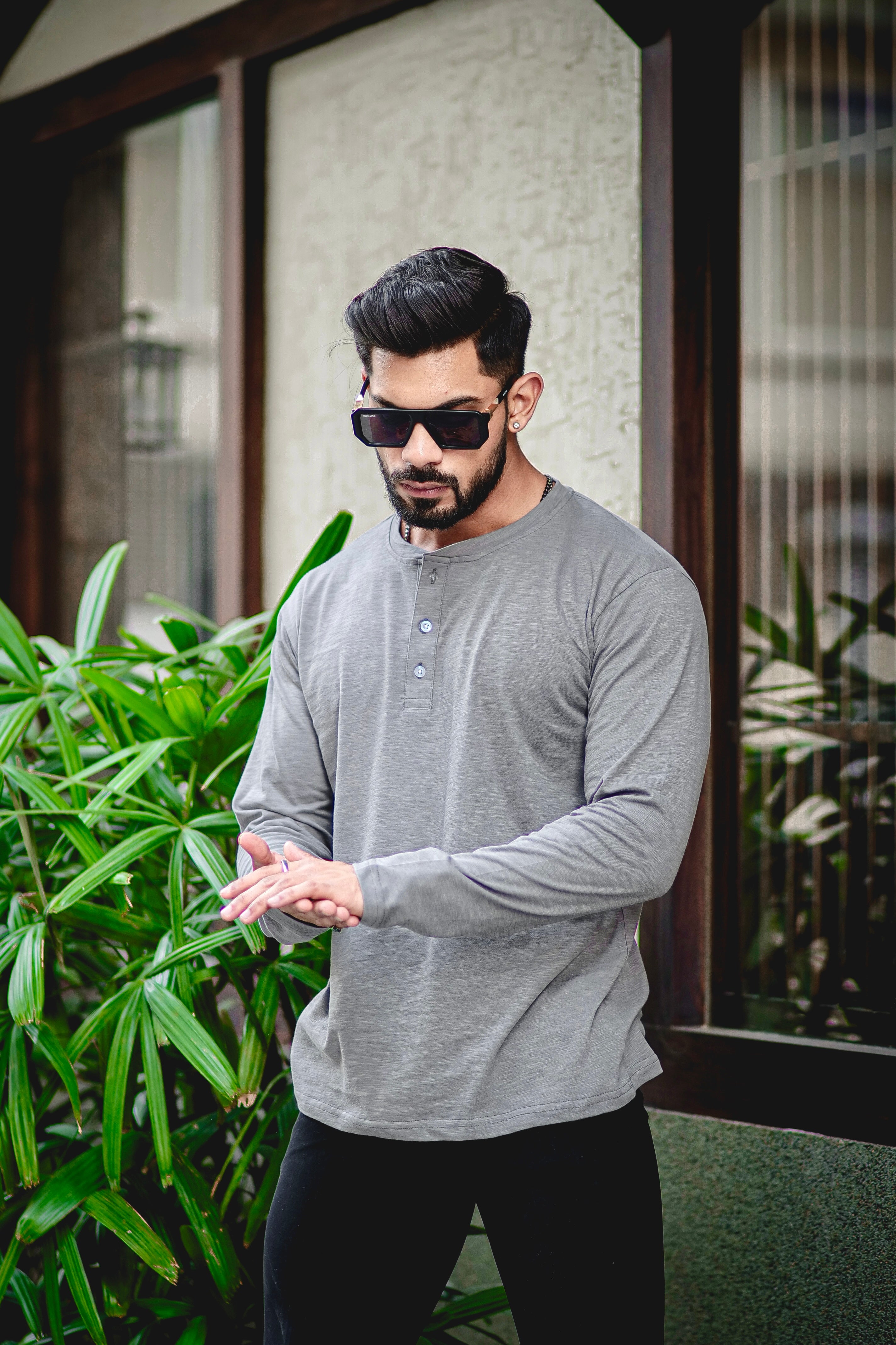 Dark Grey Self Design Slub Henley T-Shirt