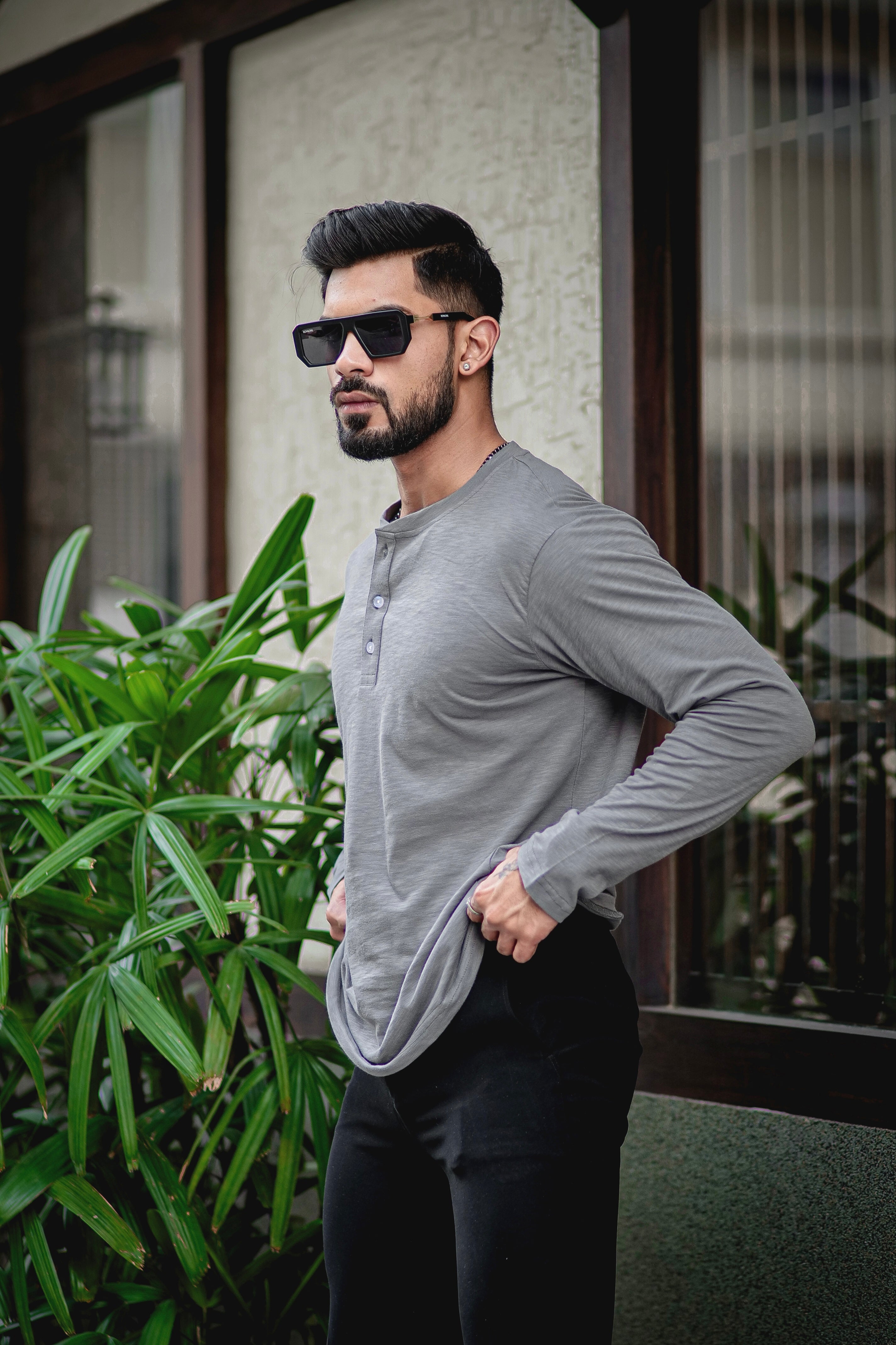 Dark Grey Self Design Slub Henley T-Shirt