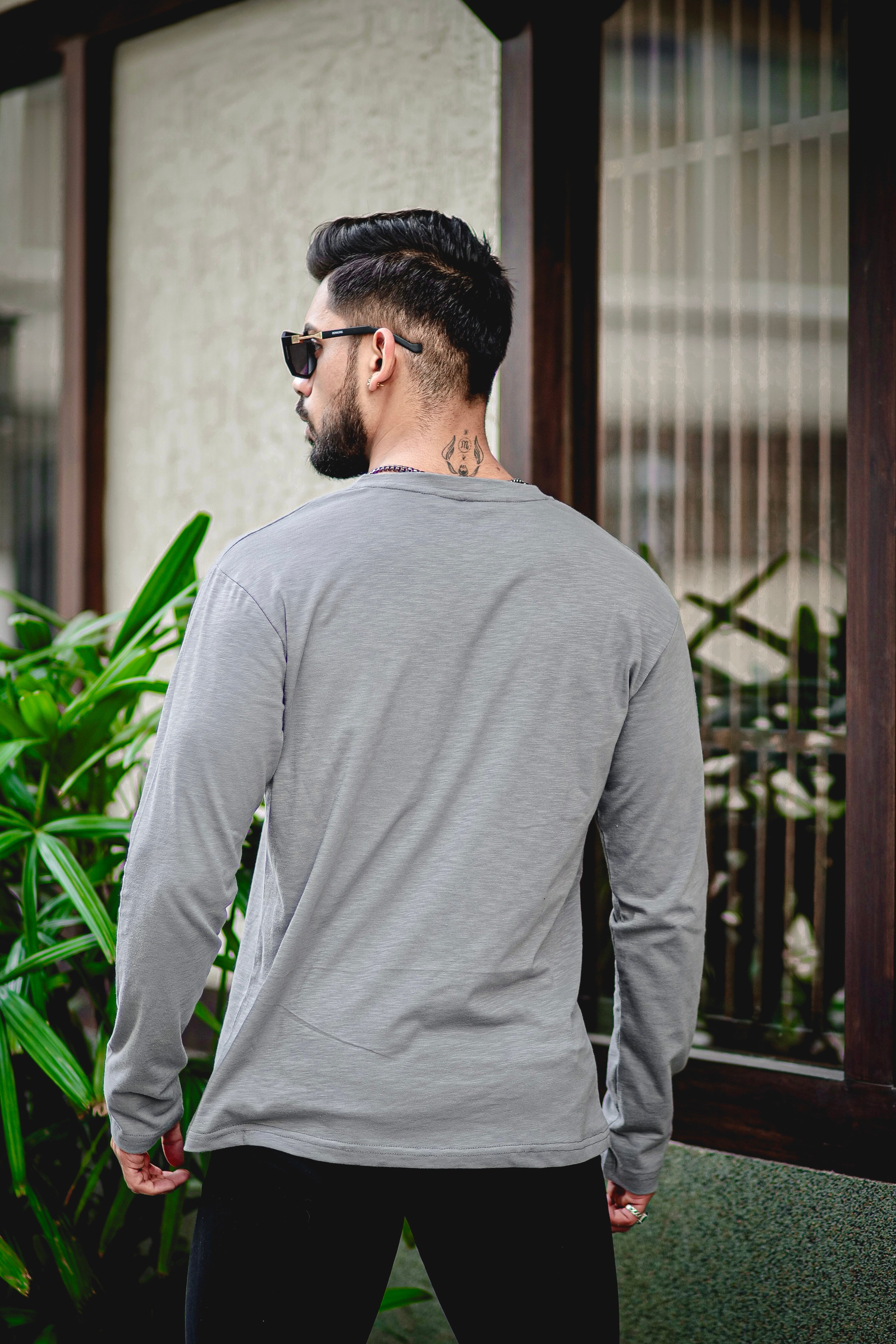 Dark Grey Self Design Slub Henley T-Shirt