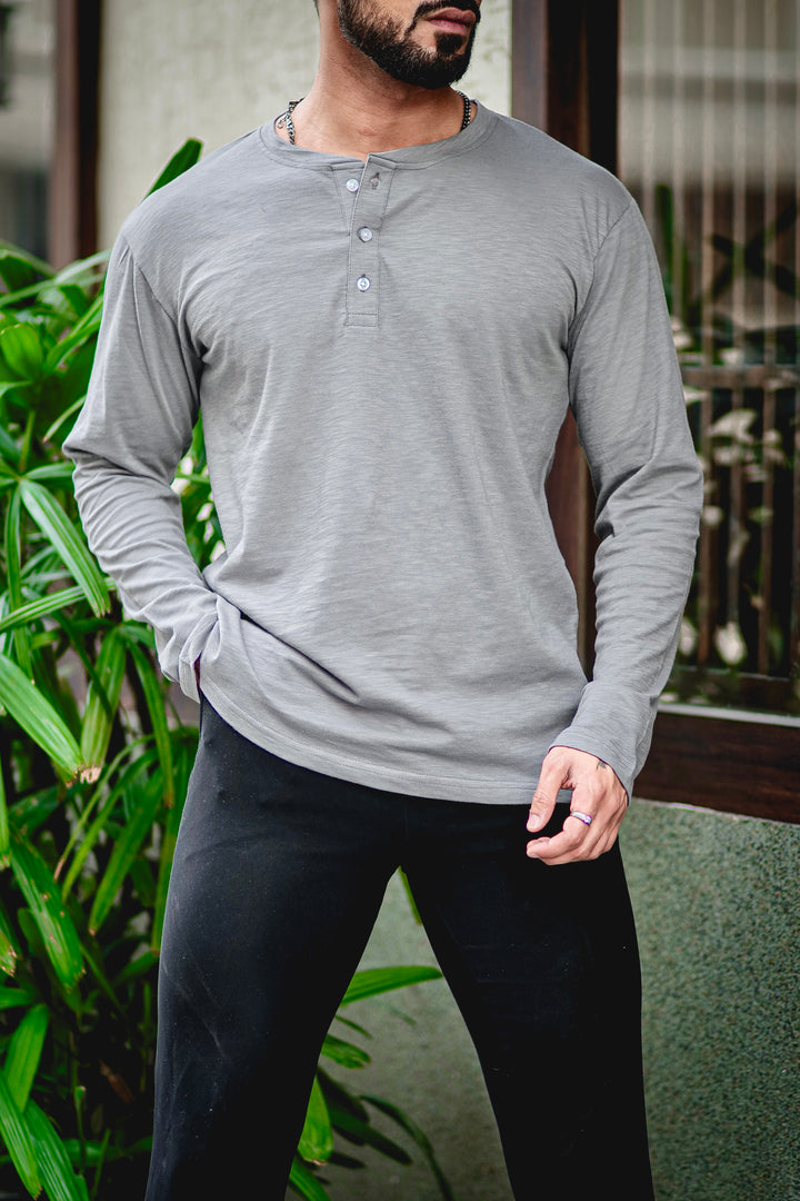Dark Grey Self Design Slub Henley T-Shirt