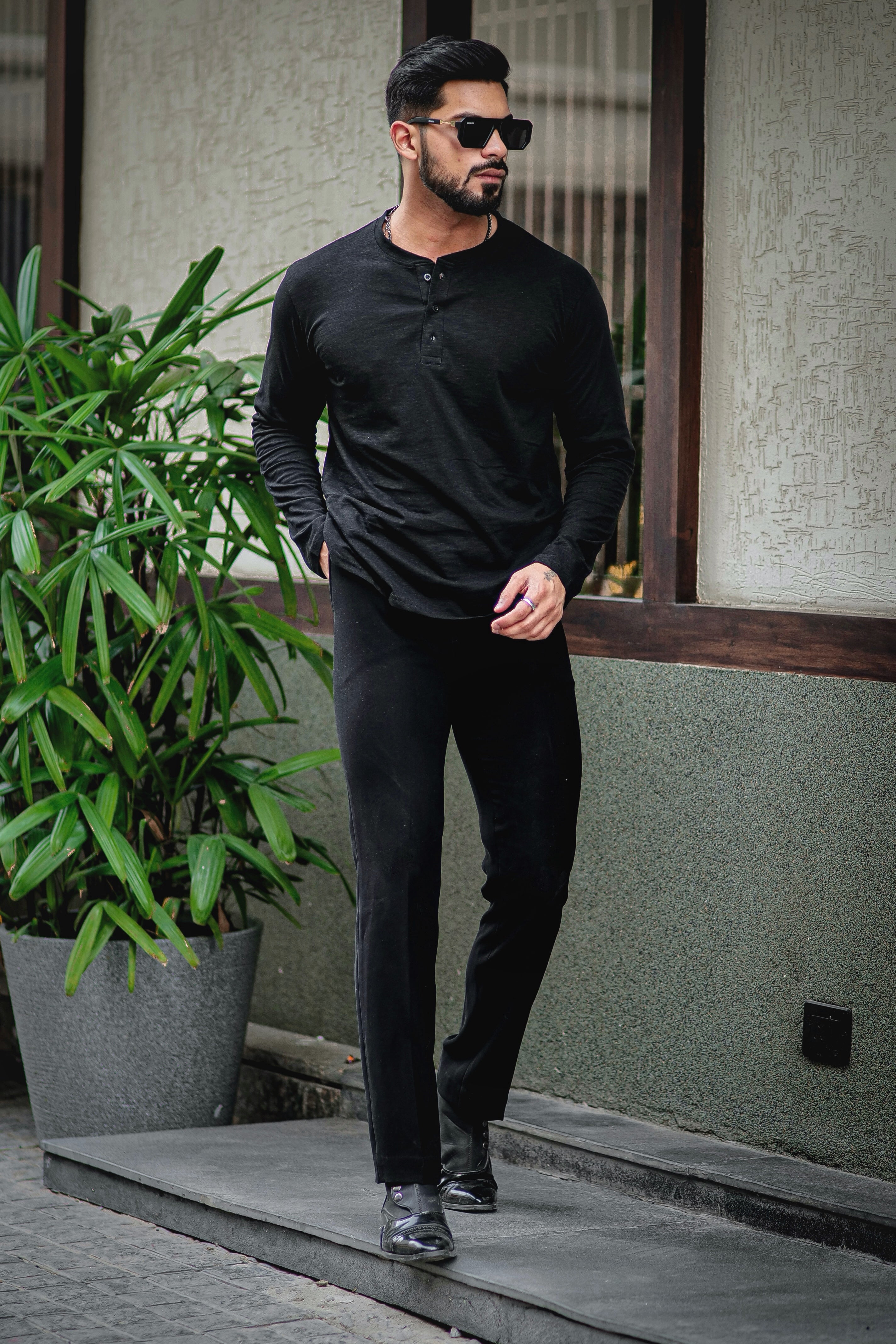 Black Self Design Slub Henley T-Shirt