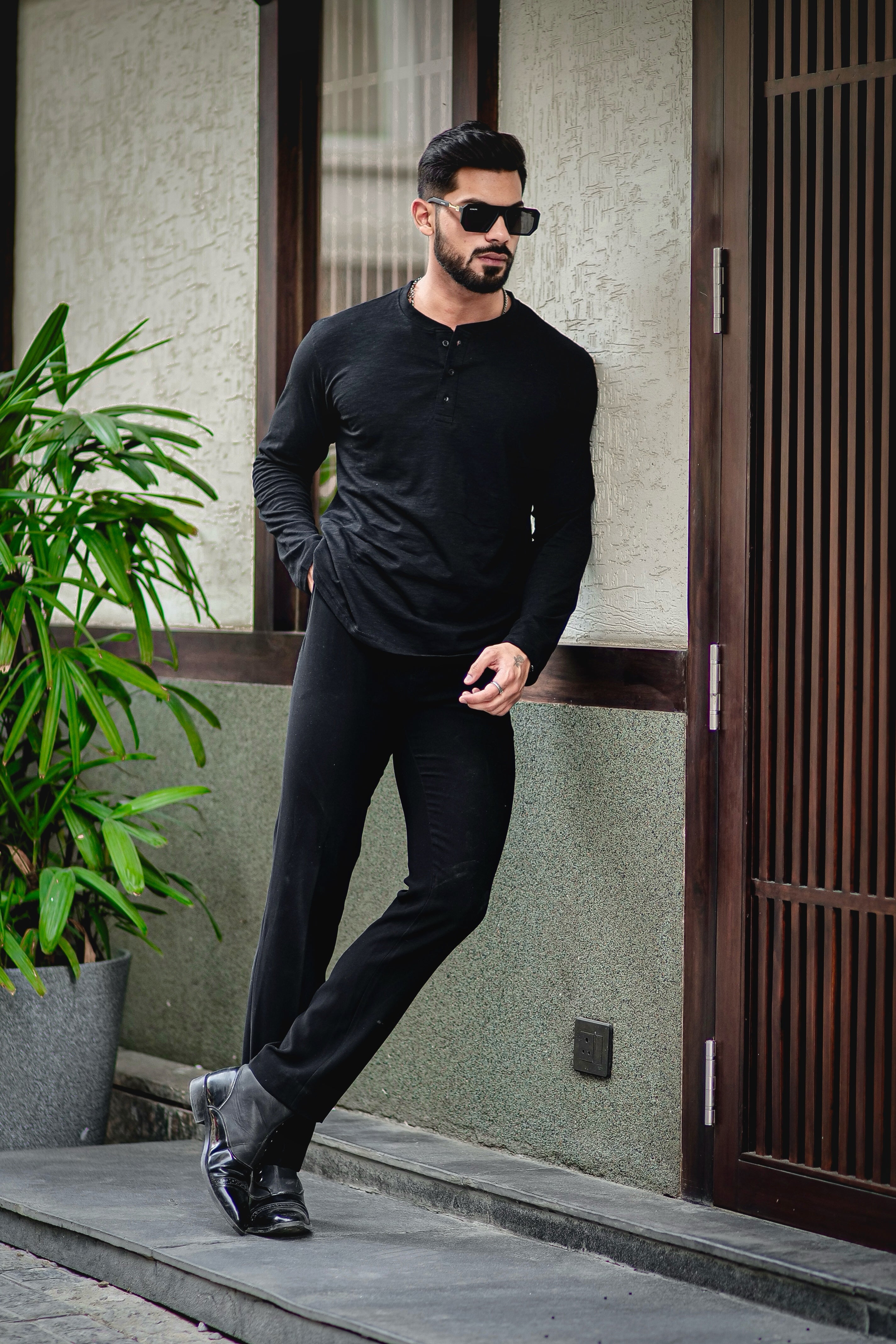 Black Self Design Slub Henley T-Shirt