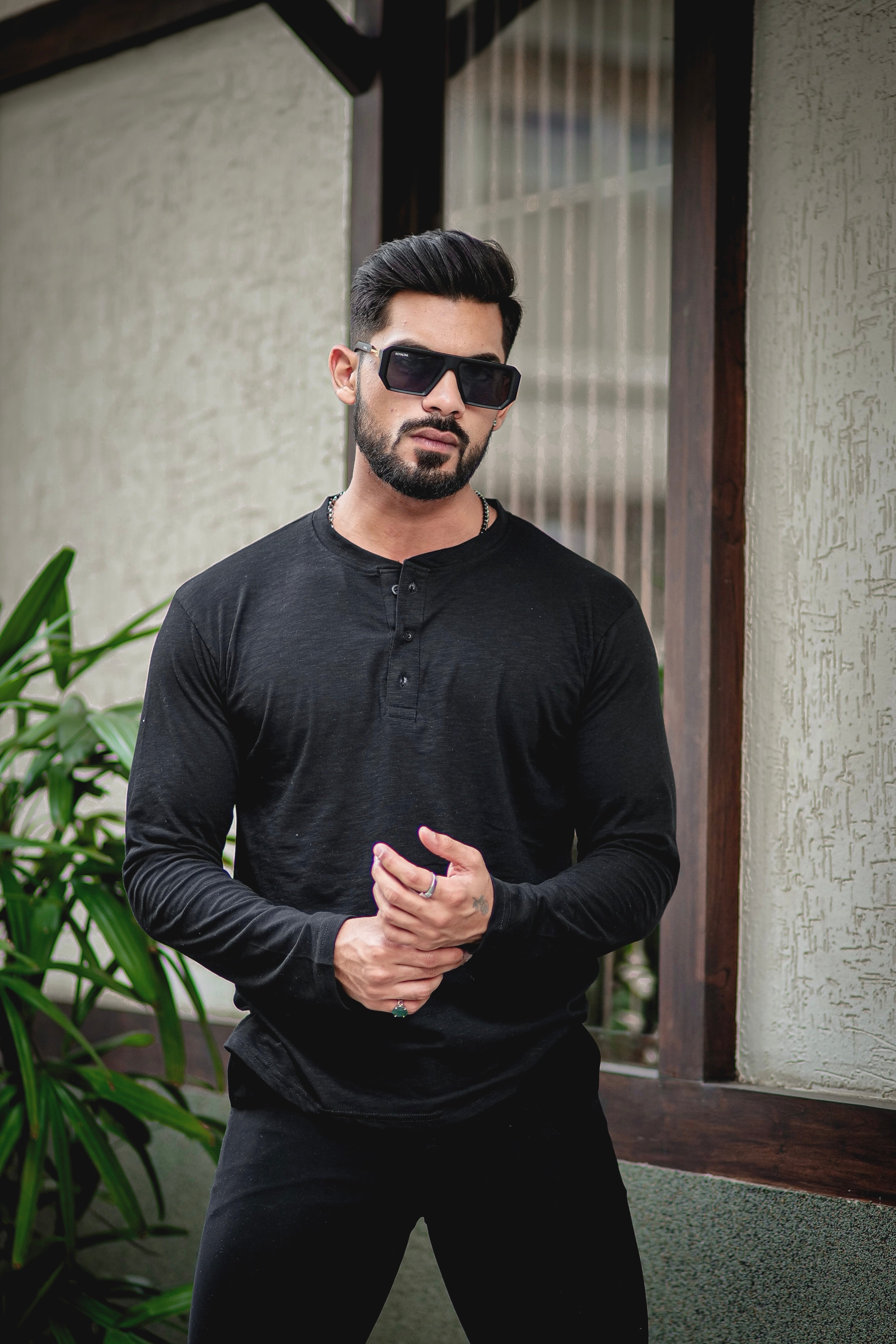 Black Self Design Slub Henley T-Shirt