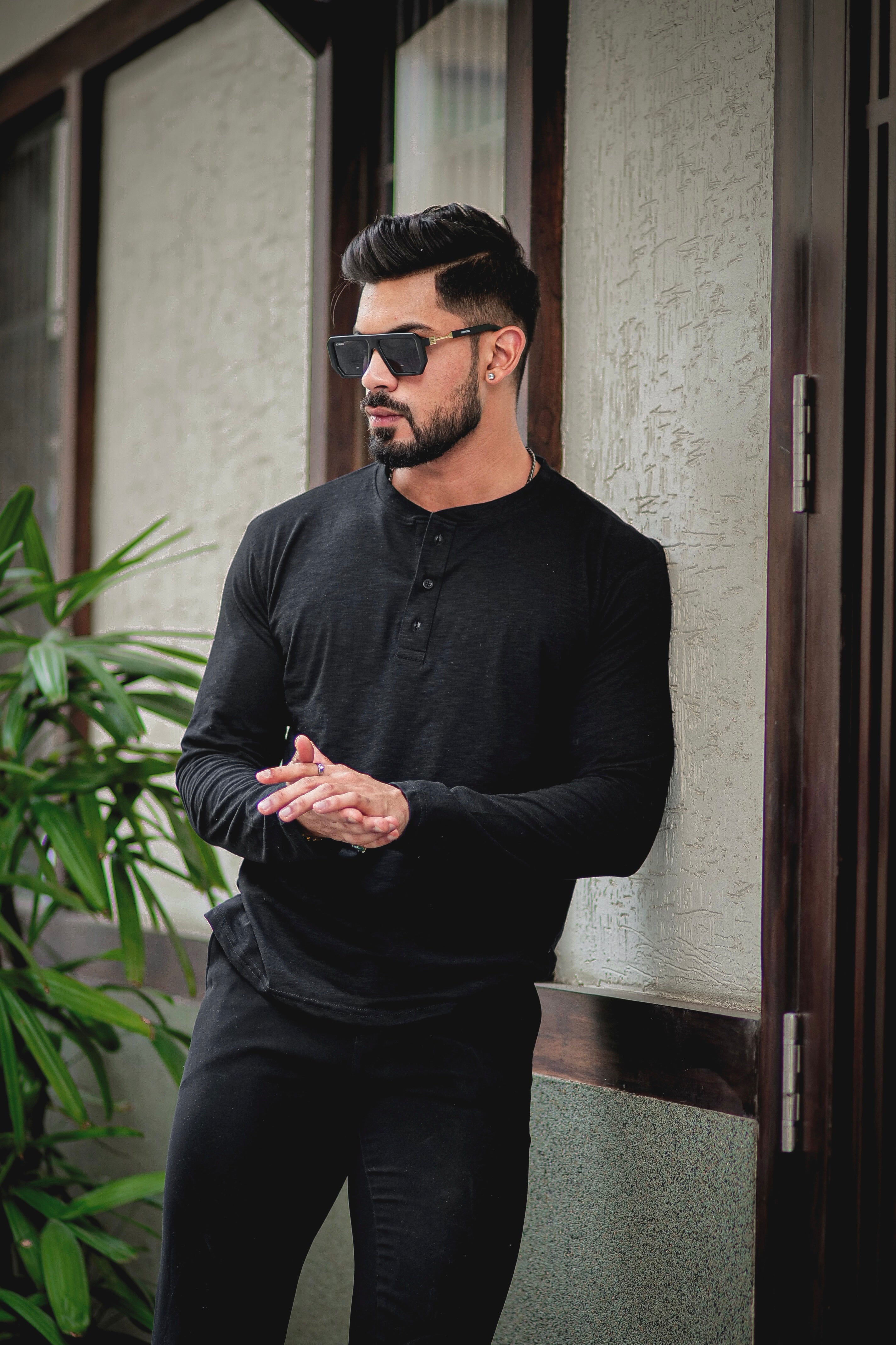 Black Self Design Slub Henley T-Shirt