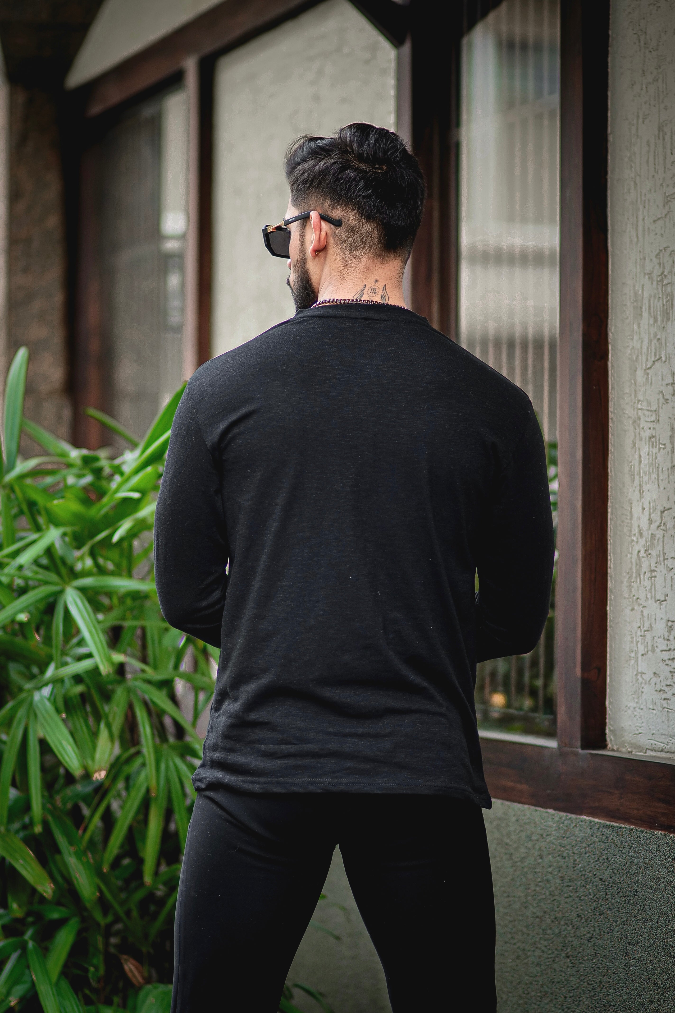 Black Self Design Slub Henley T-Shirt